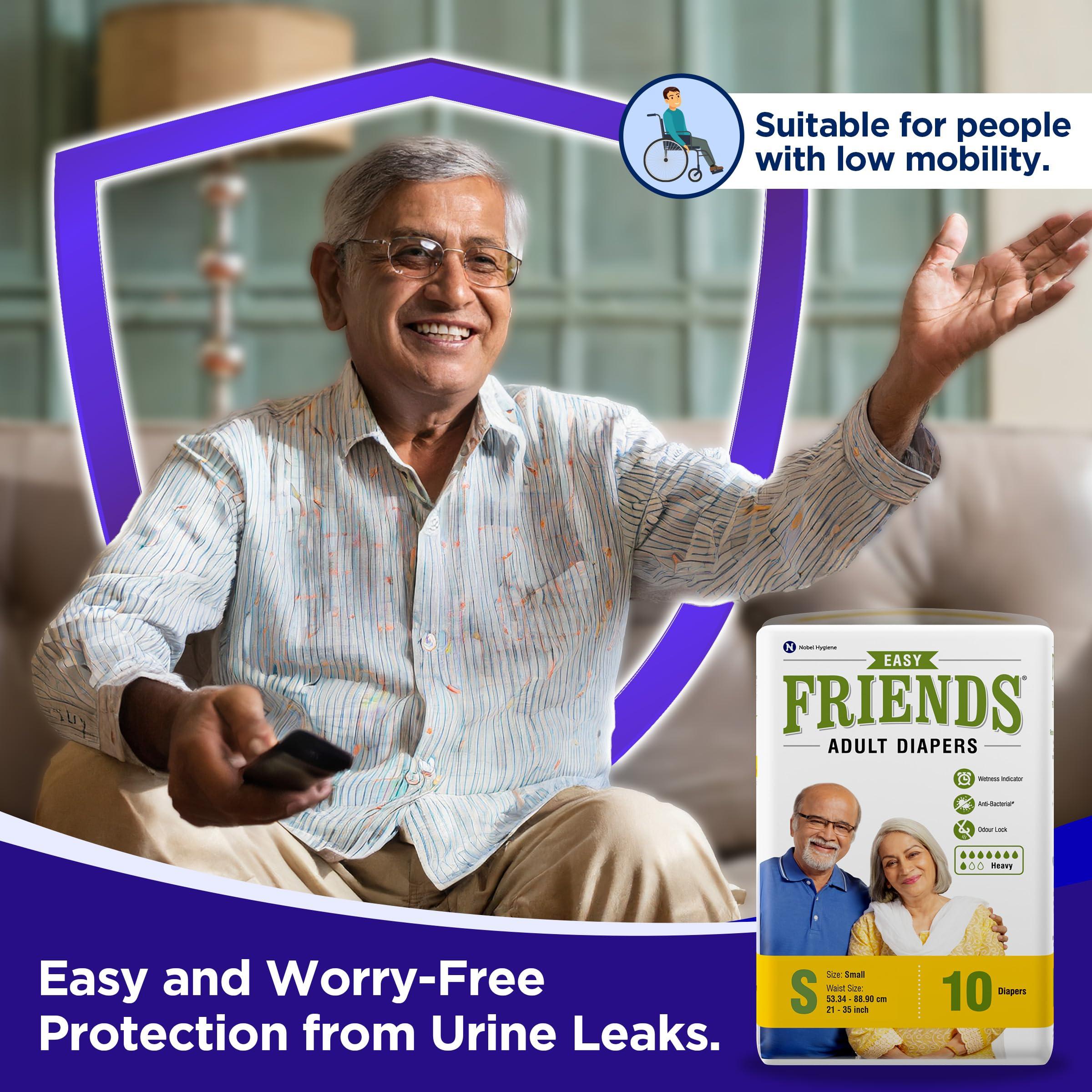 Friends Friends Easy Adult Diapers Tape Style - 30 Count (Small) with odour lock, Unisex, Leakproof, Wetness Indicator and Anti-Bacterial Absorbent Core- Waist Size 22.44-39.37 inch; 57-100 cm