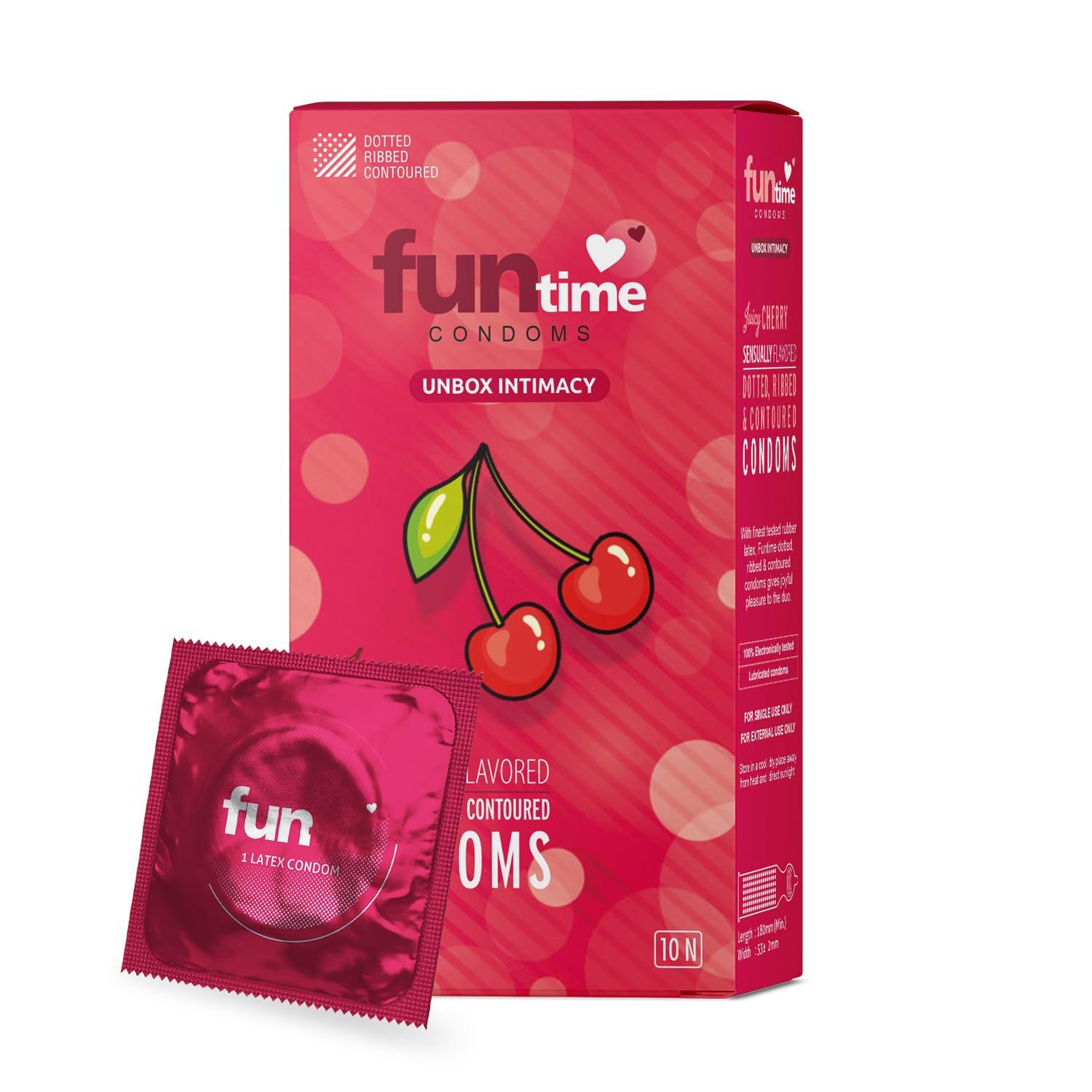 FUNTIME Funtime Dotted Condoms with Juicy Cherry Flavor  Ribbed & Contoured for Extra Pleasure, Finest Natural Latex, Skin-Safe Lubrication, 100% Electronically Tested Count 10 - Pack of 3 (Total 3 Condoms)