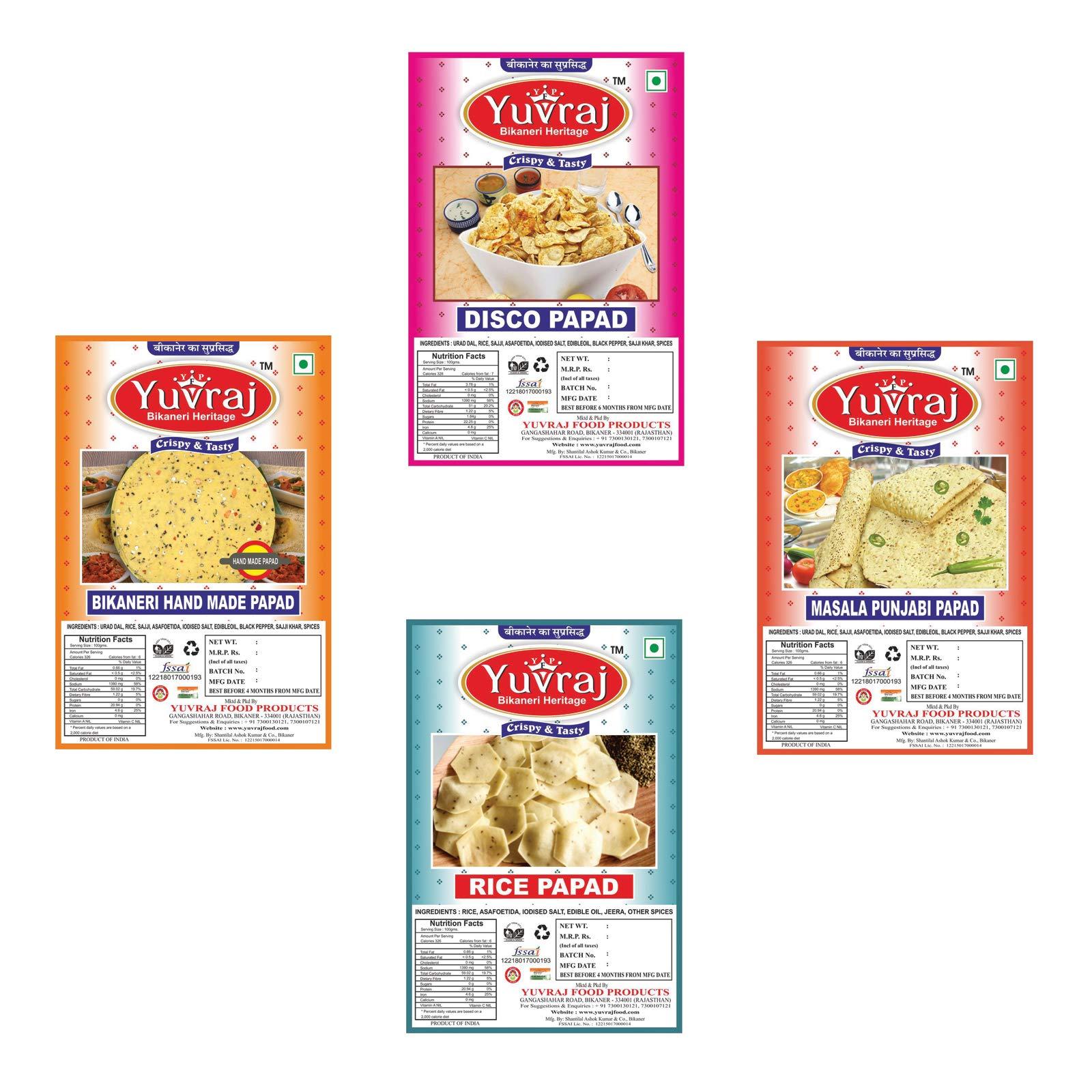 Yuvraj Food Product Yuvraj Food Product Papad combo | Masala Punjabi | moong papad | Disco Fry | Rice Papad fryums & fryie Marwari Rajasthani Taste Pack of 4 (400, 400, 300, 300) 1400 Gm pack