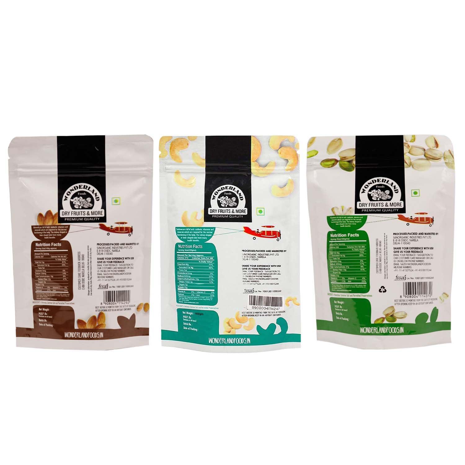 WONDERLAND FOODS (DEVICE) WONDERLAND FOODS Roasted and Salted Dry Fruits Combo Pack of 3 (Almonds, Cashew Pistachios), 100 g Each