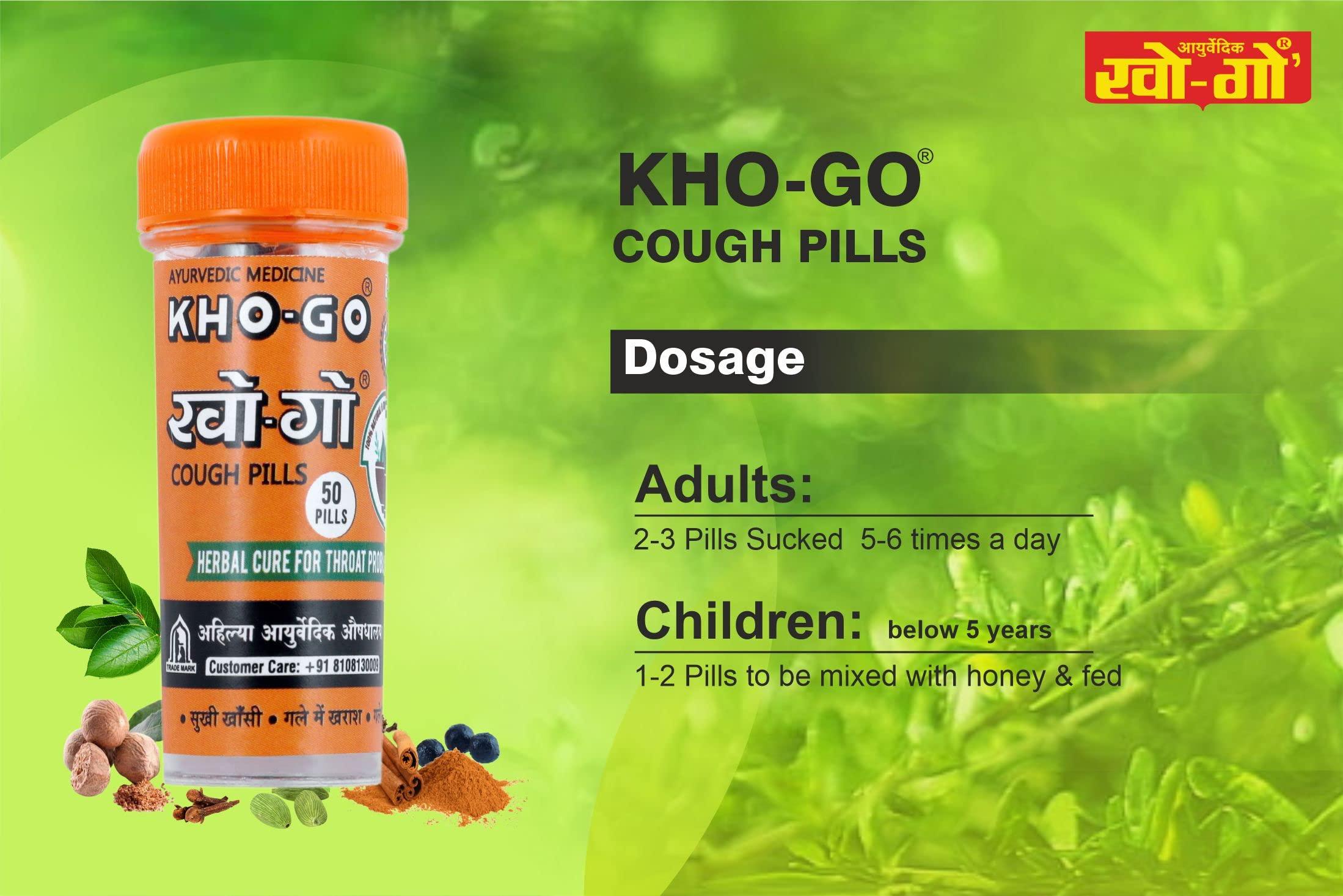 KHO-GO Khogo Pills For Cough & Sore Throat, Ayurvedic Tablets For Seasonal Cough & Bad Breath, 50 Pills in each Btl, 50 Tab, Pack Of 4