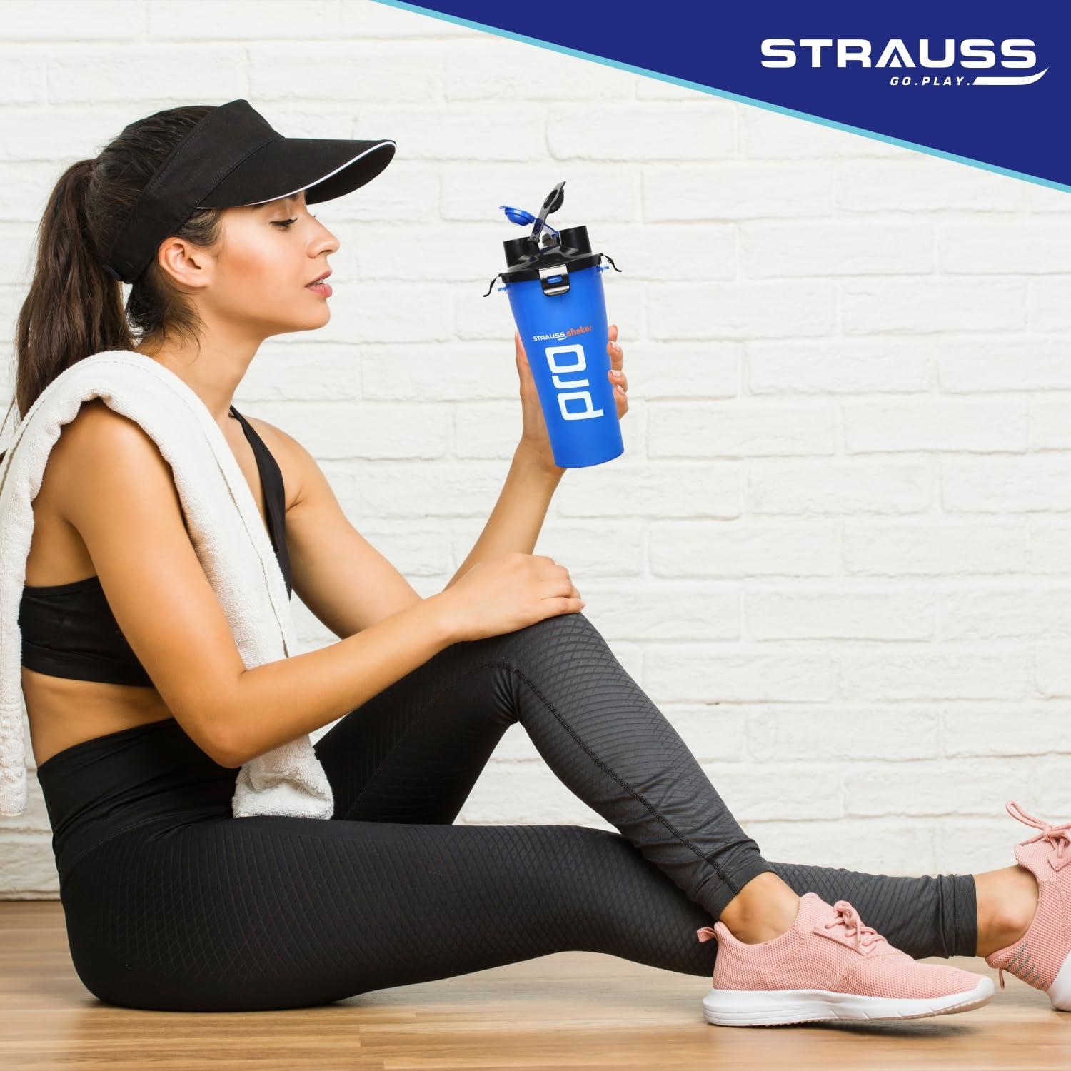 STRAUSS STRAUSS Dual Shaker Pro | Pre & Post Protein Shake On the Go | Leakproof and BPA-Free Material | Dual Shaker Bottle | Protein Shaker Bottle for Gym | Suitable for Both Men and Women, 700ml,(Blue)