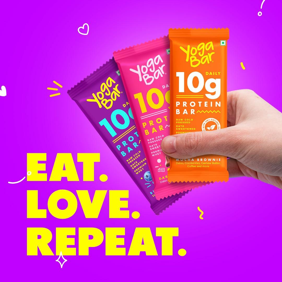 Yogabar Yogabar 10 grams Protein Bar, Protein Blend & Premium Whey,100% Veg High Protein Snacks, Rich Protein Bar with Date, Vitamins, Fiber, Energy & Immunity for Fitness, Blueberry