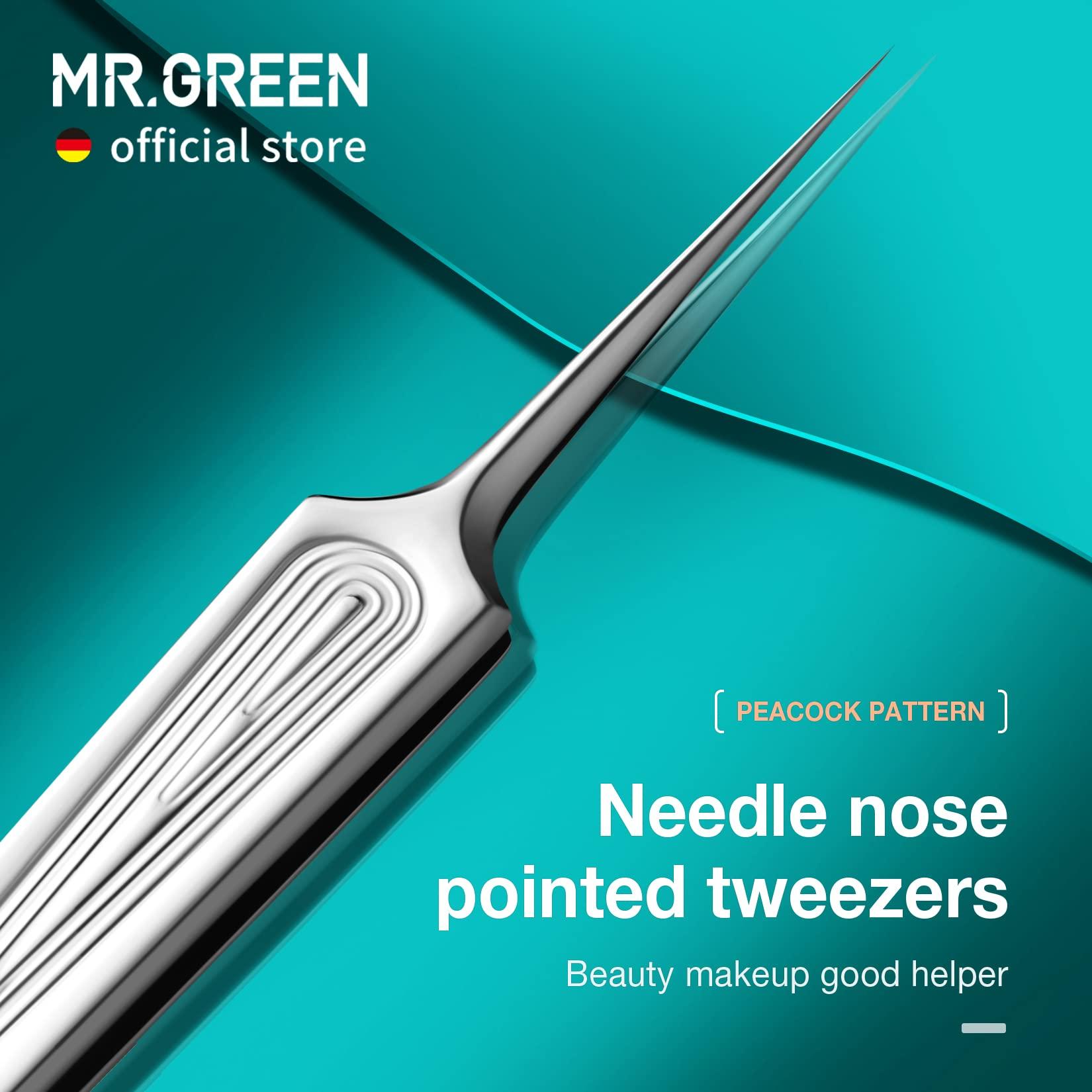 MR.GREEN MR.GREEN Ingrown Hair Tweezers Needle Nose Pointed Tips Tweezers For Eyebrows Splinters Blackhead Removal Acne Clip Extractor (Long)