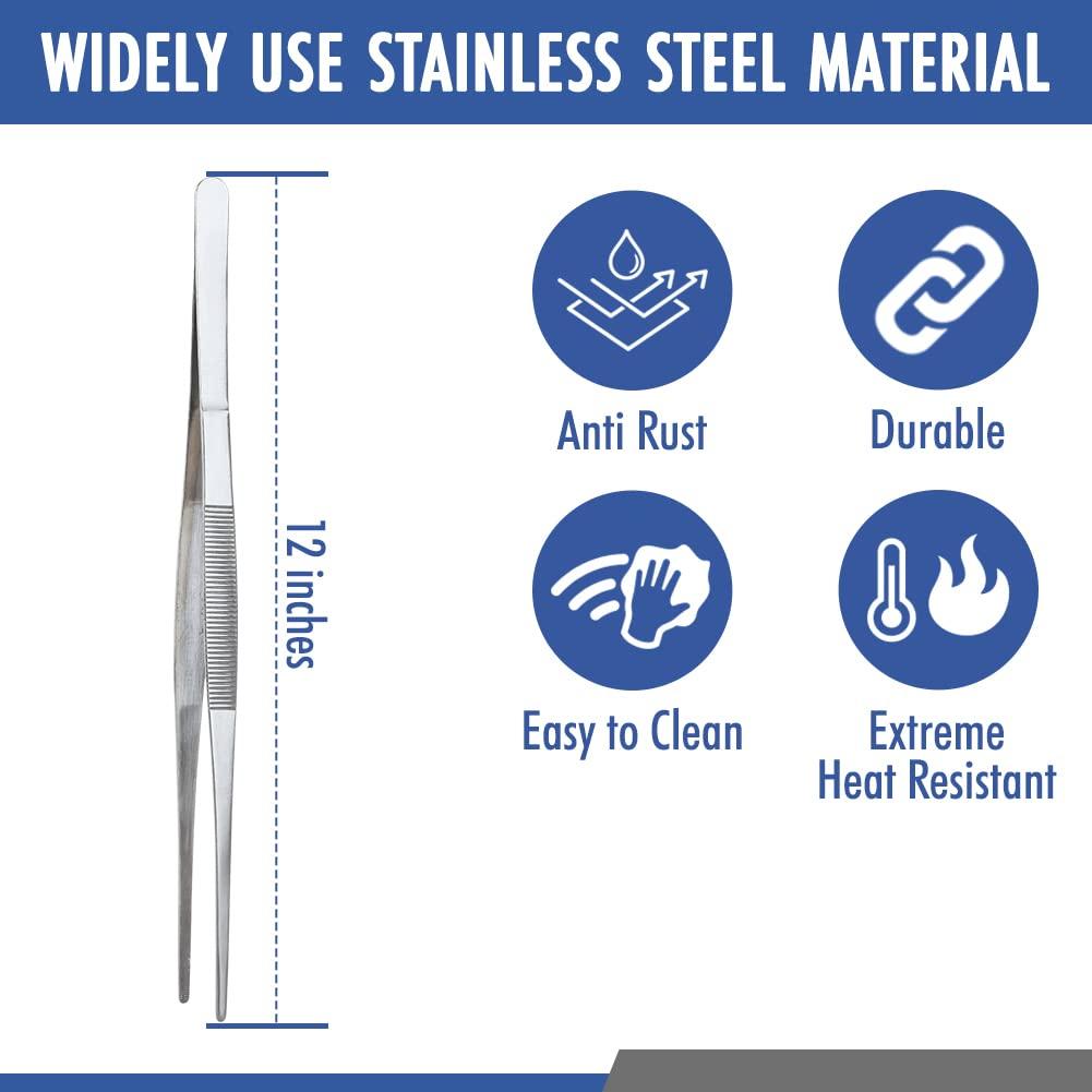FYBREX Heavy Duty 12 inches Stainless Steel Tweezers Straight Tips All-purpose Forceps Tweezers Tongs and Comfortable Ridged Handle for Crafting Cooking Repairing General Purpose Medical and Beauty