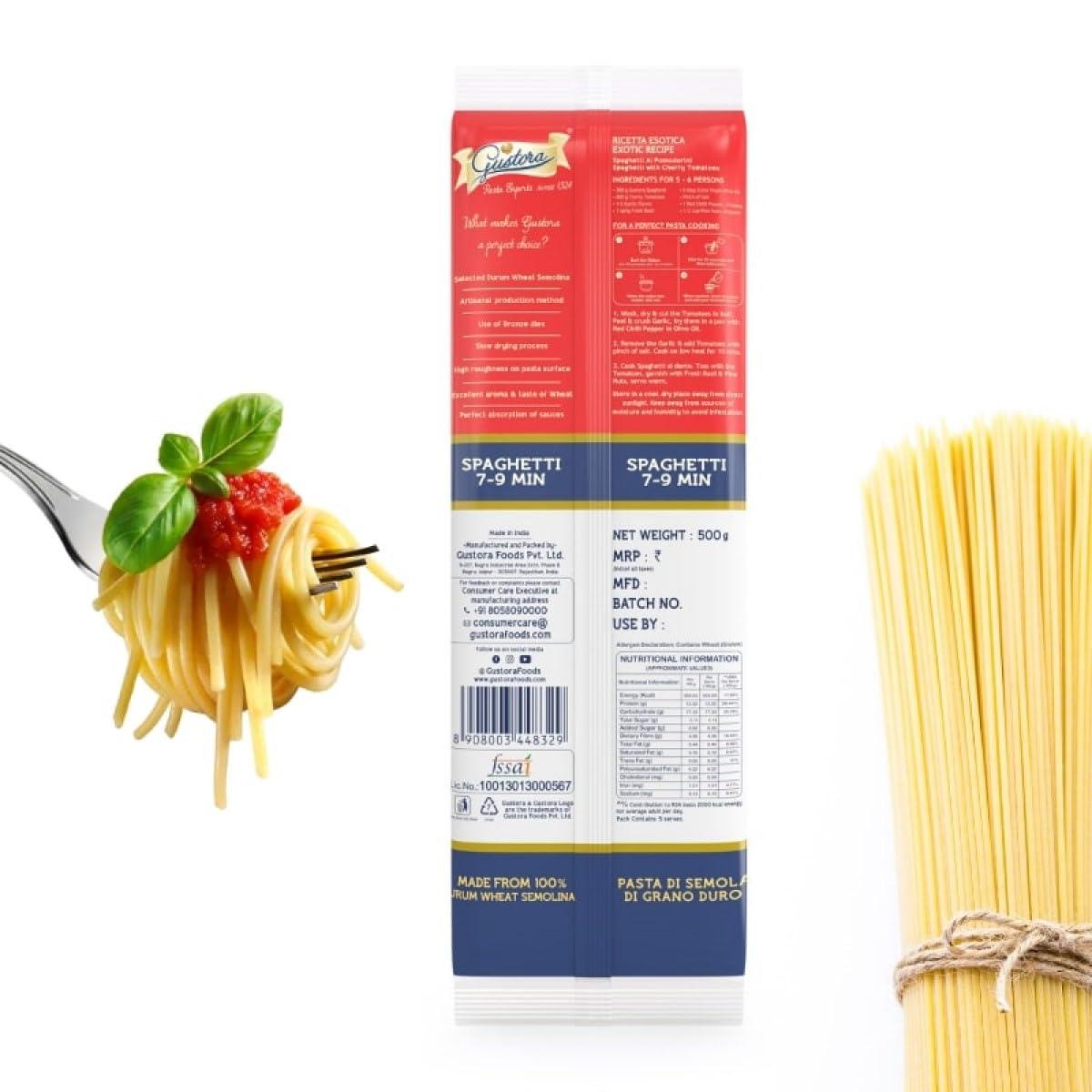 Gustora GUSTORA Spaghetti Pasta, 500 Grams (Pack of 2) I Pasta Combo Made of Durum Wheat Semolina I Rich in Protein & Fibre I Vegetarian I Zero Cholesterol I No Trans-Fat I Cooking Time 10 Min - 500G