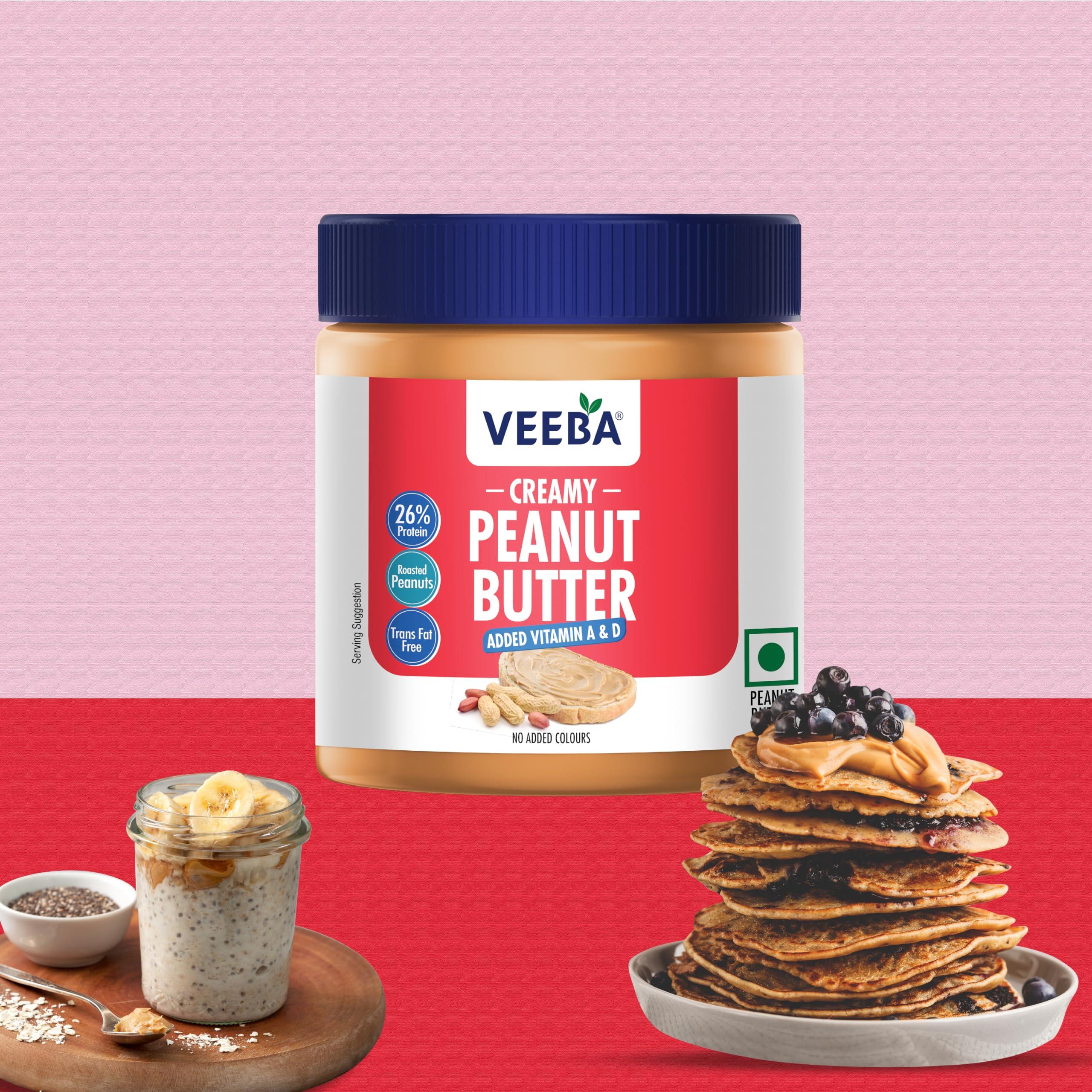 VEEBA Veeba Peanut Butter Creamy | Smooth | High Protein | Naturally Gluten Free | Vegan | Trans Fat Free | No Added Preservatives | Added Calcium, Iron, Vitamin A & D | No Added Colour & Flavour | Non GMO | 340 g