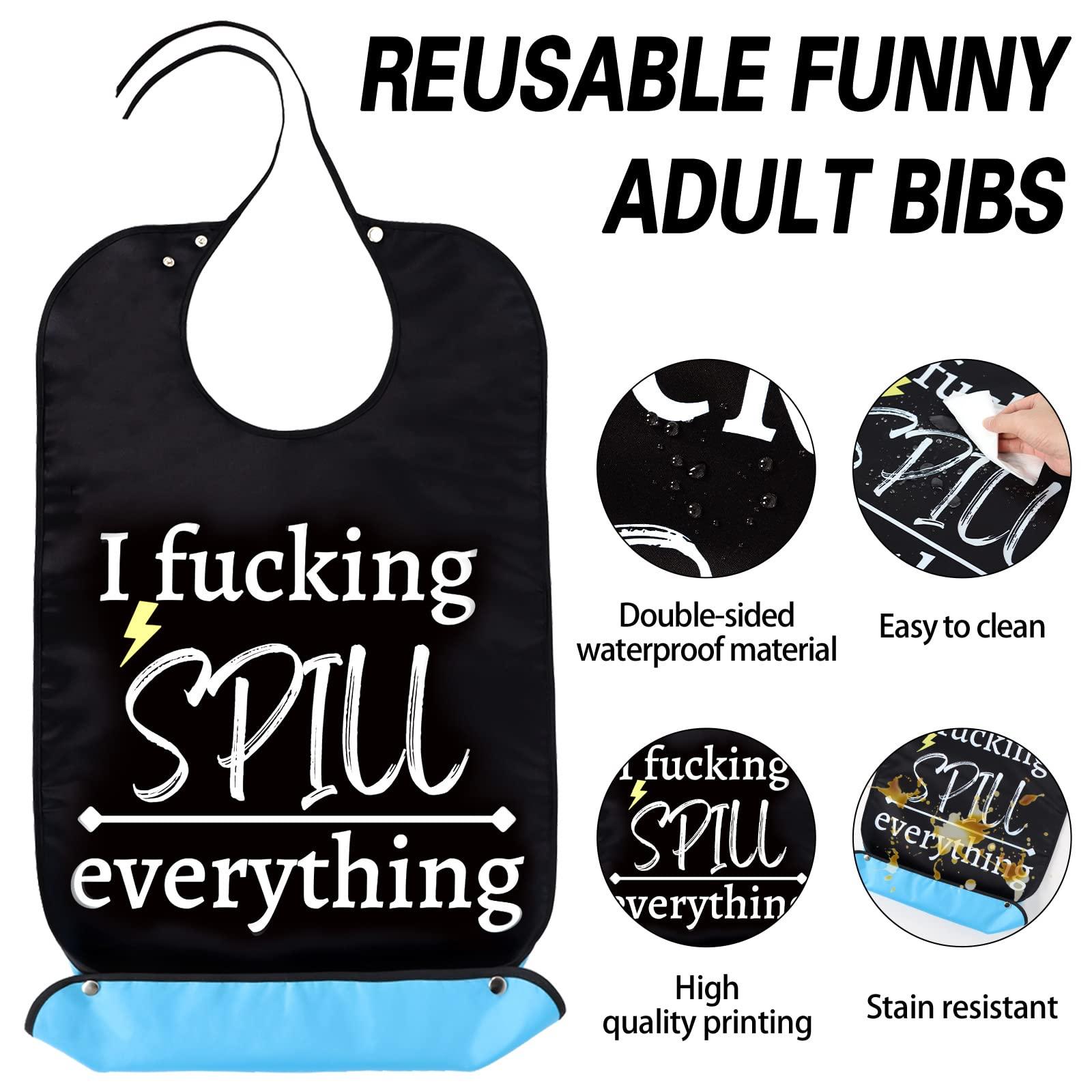 FunisFun Funny Adult Bibs Washable Waterproof Bibs, Reusable Adult Bibs with Crumb Catcher for Women Men & Elderly, Funny Gag Gifts White Elephant Gift(B Style)