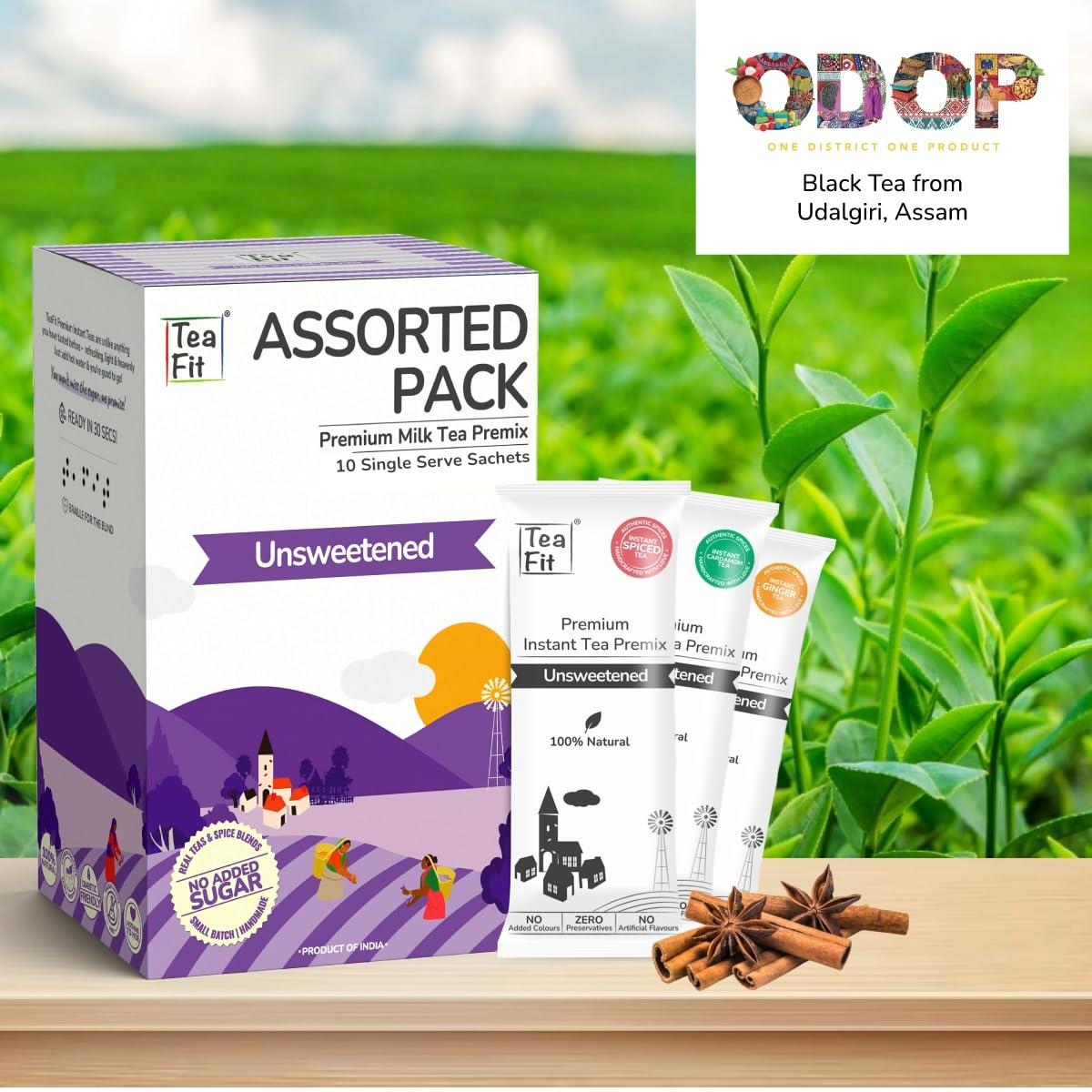 TeaFit TeaFit Premium Zero Sugar Instant Assorted Tea Pack of 24 Sachets (336gm) | Ginger-Cardamom-Masala-Saffron-Lemongrass Instant Milk Tea Premix | Diabetic Friendly | Instant Tea Premix | Tea Powder