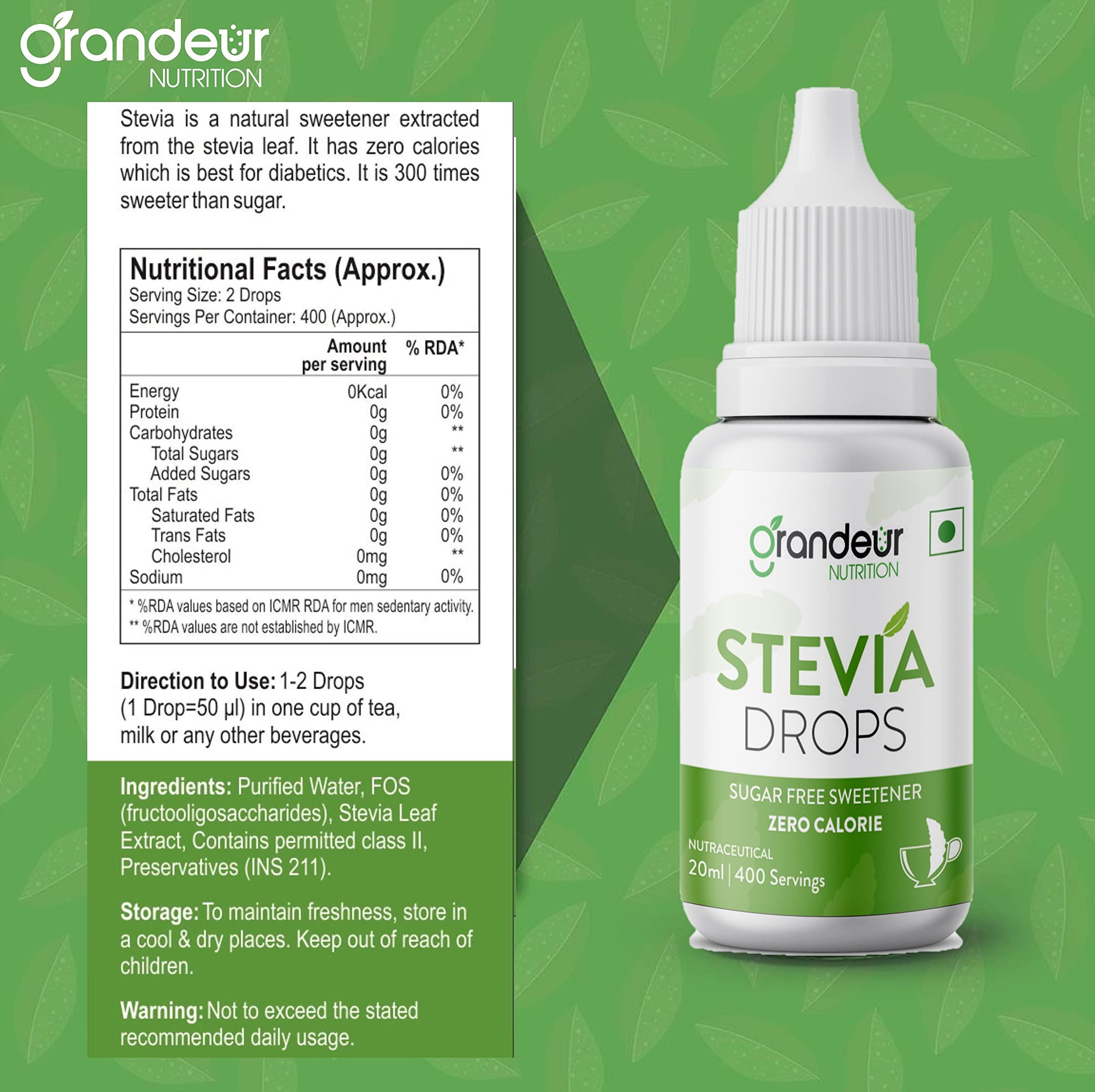 GRANDEUR Grandeur Zero Colorie Sugar Free Stevia Drops, No Maltodextrin No Dextrose, For Keto Diet & Weight Watchers, Sugar Substitute - 20ml (400 servings)