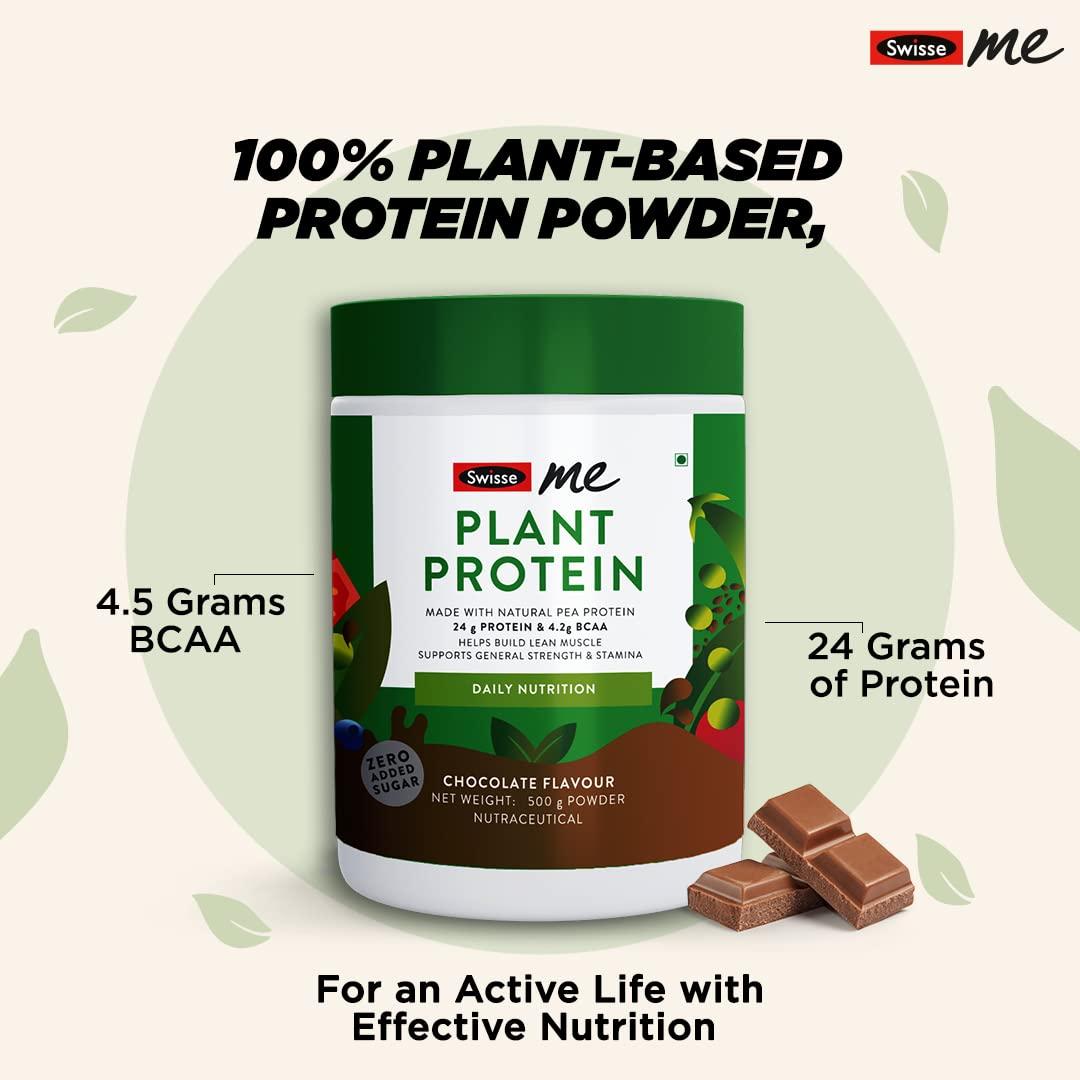 Swisse SwisseMe Plant Protein with Free Shaker- Daily Nutrition For Men & Women - Zero Added Sugar, 24g Vegan Pea Protein For Post Workout Recovery, Lean Muscle Building & Strength (Chocolate Flavor, 500g)