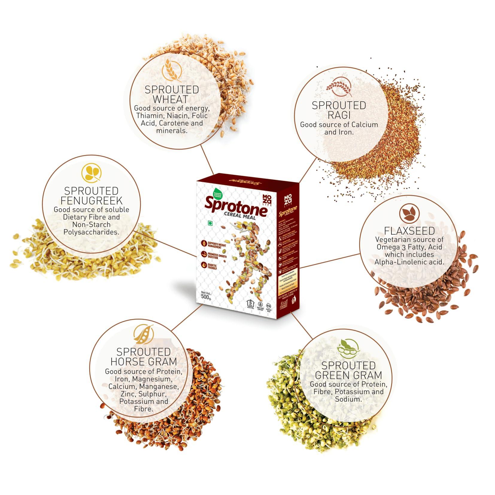 Moza Organic Moza Life Sprotone - Nutrient-Rich Cereal Meal with Sprouted Cereals, Pulses, and Multigrain Flour - Wheat, Ragi, Horse Gram, Green Gram - Healthy Vegetarian Breakfast (500 gm, Pack of 2)