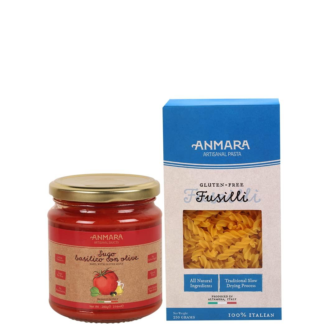 Anmara Anmara Artisanal Pasta & Sauces Combo (Gluten-Free Fusilli Pasta -250g & Artisanal Pizza & Pasta Sauce made with Basil & Olives-314ML)- Pack of-2