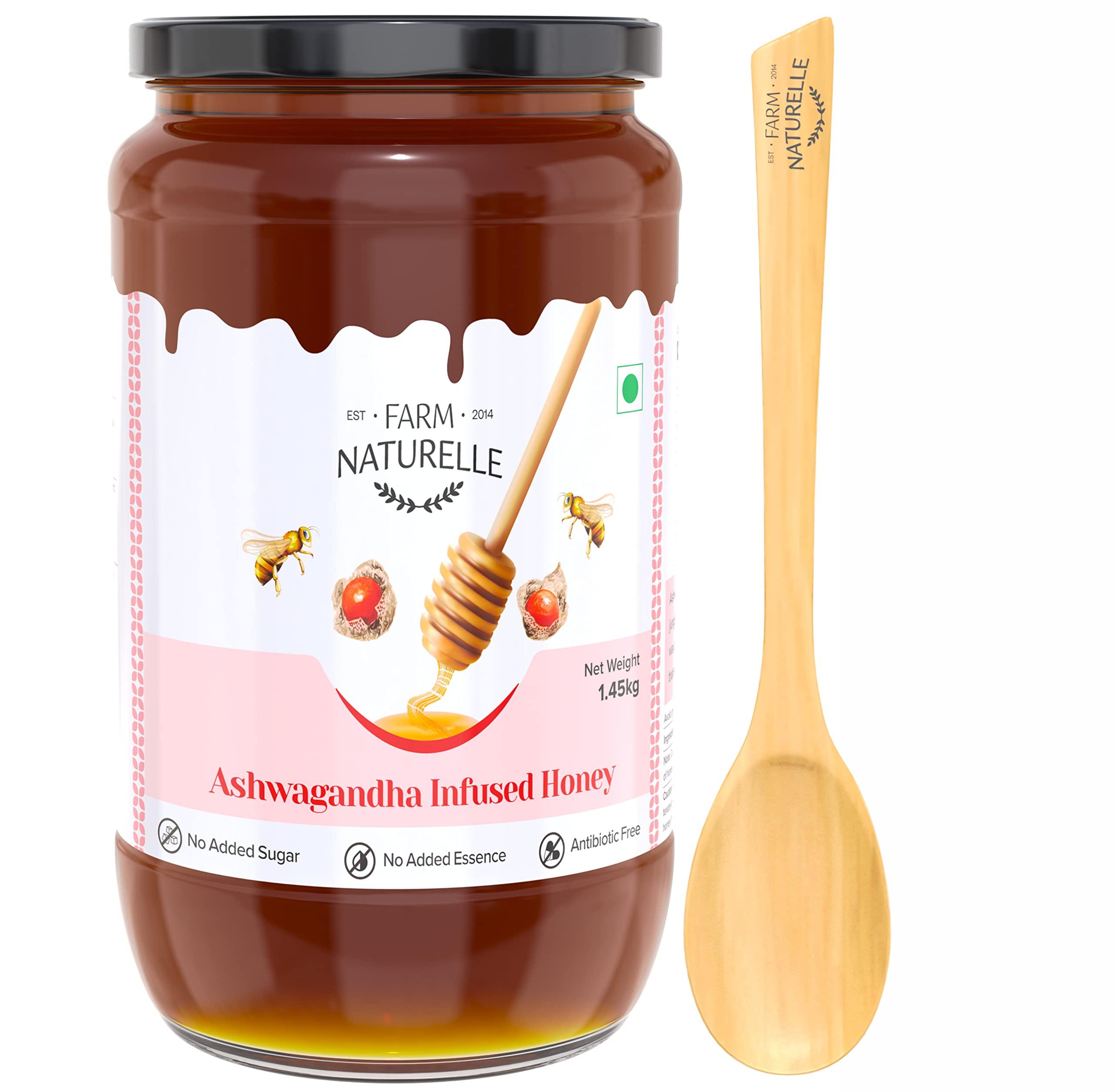 Farm Naturelle Farm Naturelle-Pure Raw Delicious and Immunity Booster Real Ashwagandha Infused Forest Honey,Immense Medicinal Value Naturally-1.45kg and a Wooden Spoon.