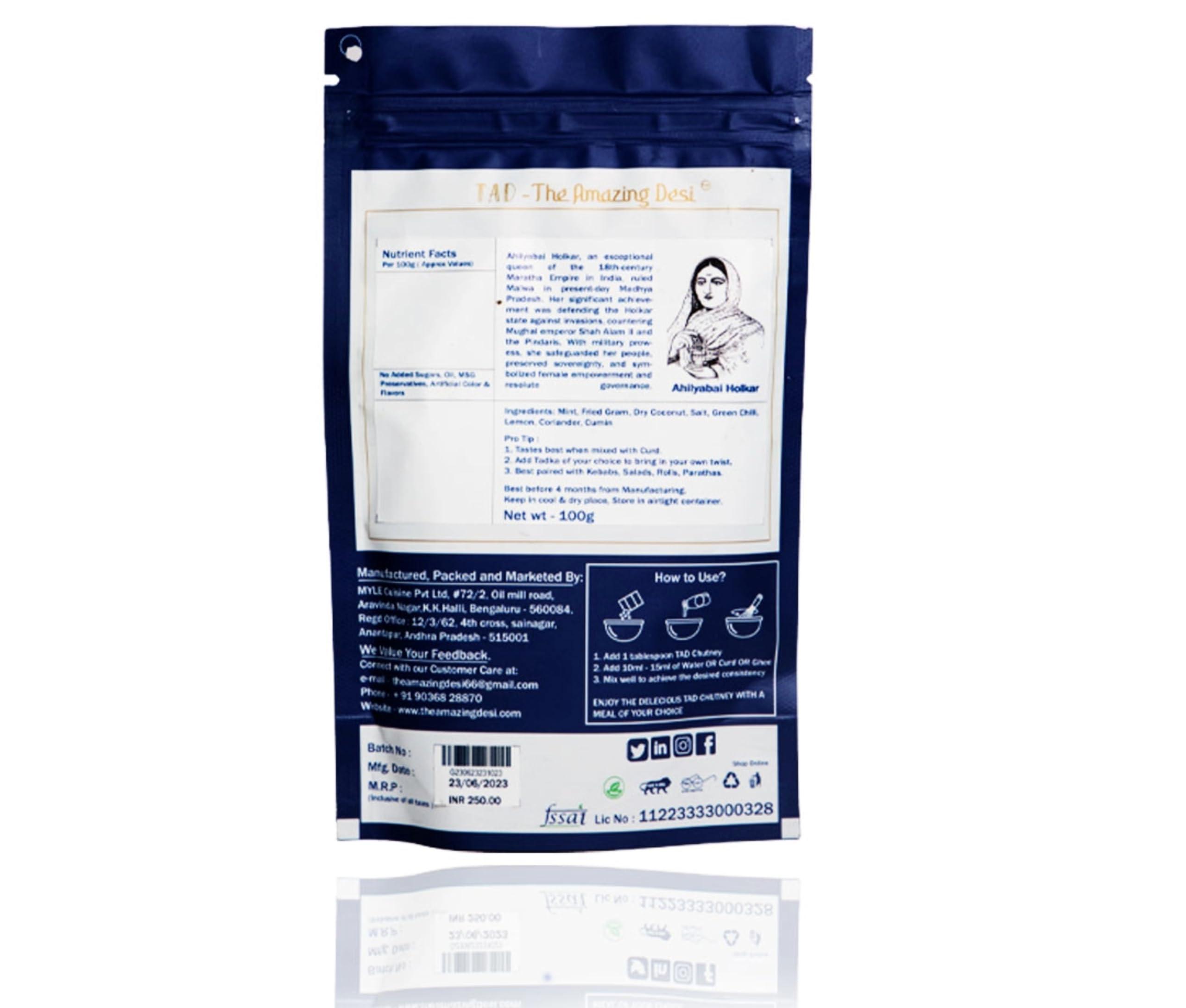 TAD - The Amazing Desi TAD -The Amazing Desi | Mint Chutney |Instant Chutney | No Preservatives |100% Natural Super Food | Oil Free | Sugar Free | 100 Grams ( Pack of 1)