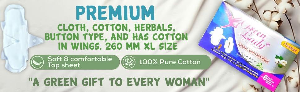 Green Lady Green Lady Premium Organic Biodegradable Herbal Sanitary Napkin Pads/with buttons /6 Pads/Chemical Free and Natural/Upto 100% leakage protection/Odour Control/XXL pad/Disposble wrapper/Rash-Free