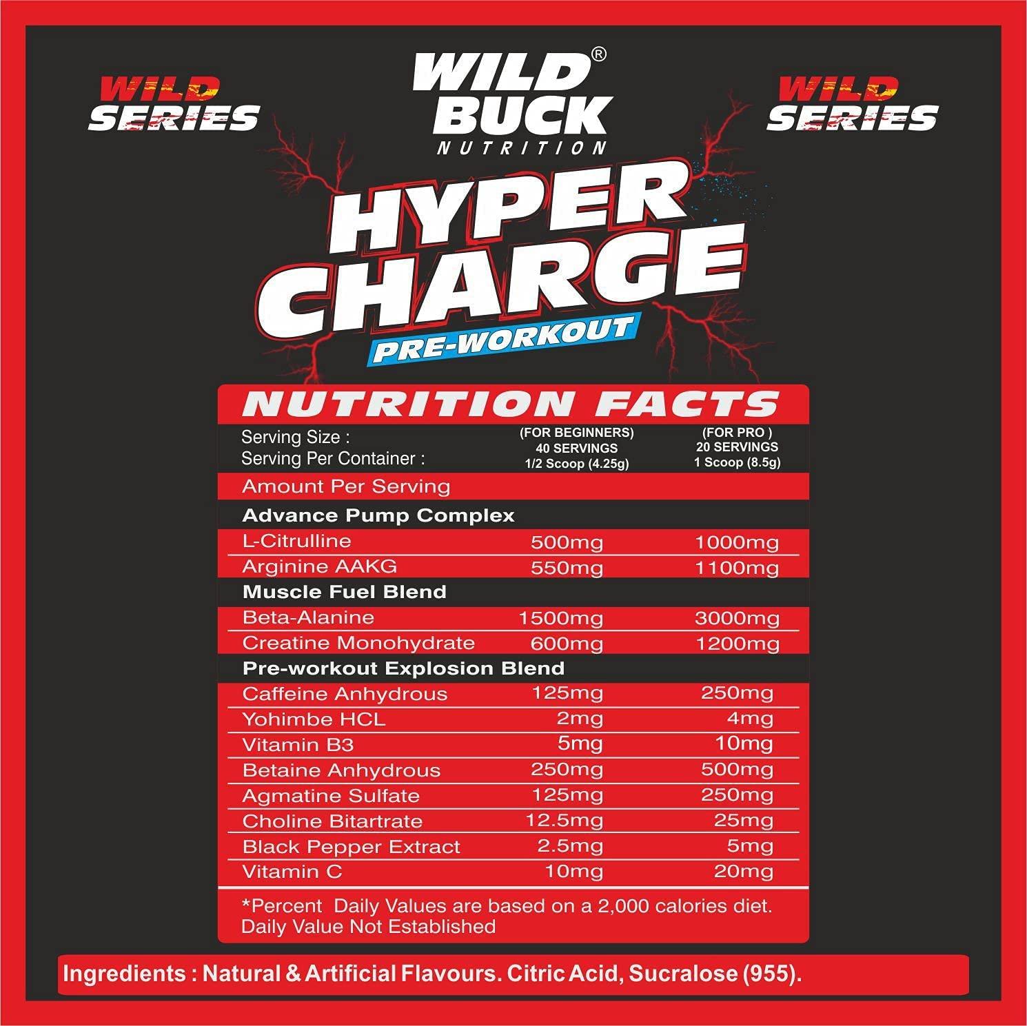 WILD BUCK WILD BUCK Hyper Charge Pre-X4 Hardcore Pre-Workout Supplement Powder with Creatine Monohydrate, Arginine AAKG, Beta-Alanine, Caffeinated Punch - For Men & Women [40 Servings, Green Apple] + WILD BUCK L Arginine 1000mg Nitric Oxide Precursor Supplemen