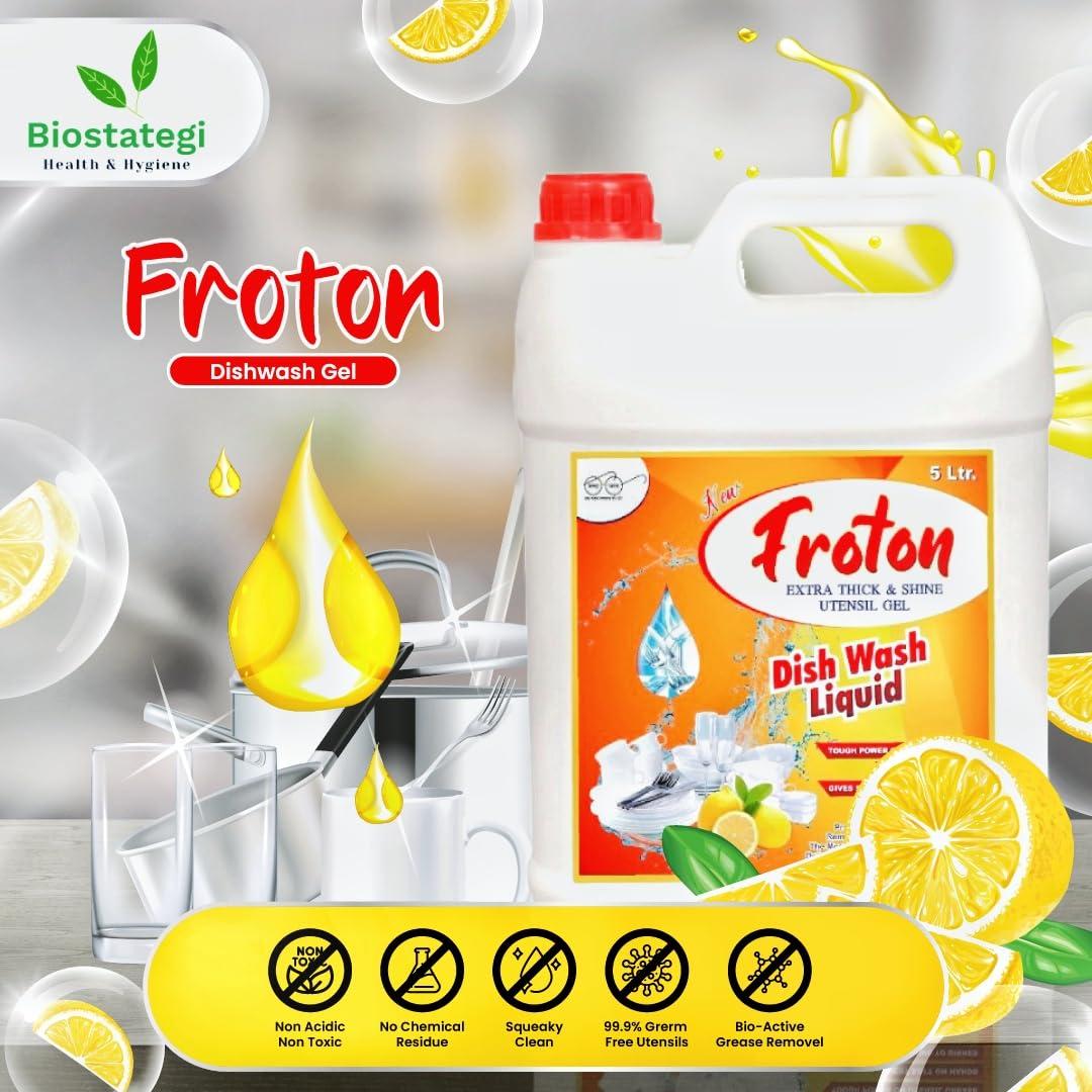 Froton Froton Dishwash Liquid,Pure Lemon Extract Dishwash Liquid,Non Acidic Safe on Hands Pure Extract of Lemon Dishwash Liquid 5 Litre & 250 ml Free pack