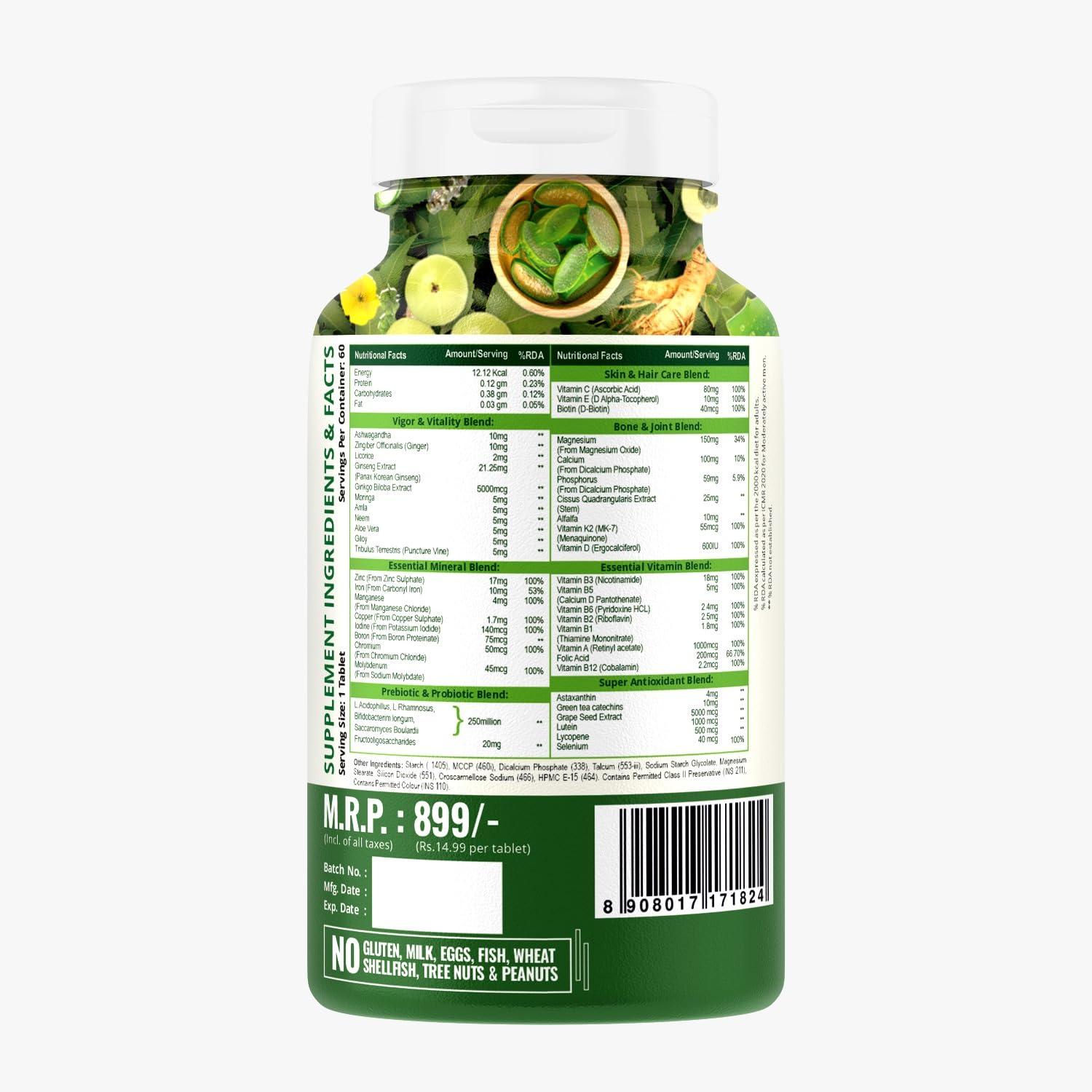 NatureLife Nutrition Nature Life Multivitamin With Probiotics - 45 Ingredients Supplement | Vitamin C, D, E, B3, B5, B12, Zinc, Magnesium, Giloy & Biotin | Good For Bone & Joint Support | Gut health - 60 Veg Tablets