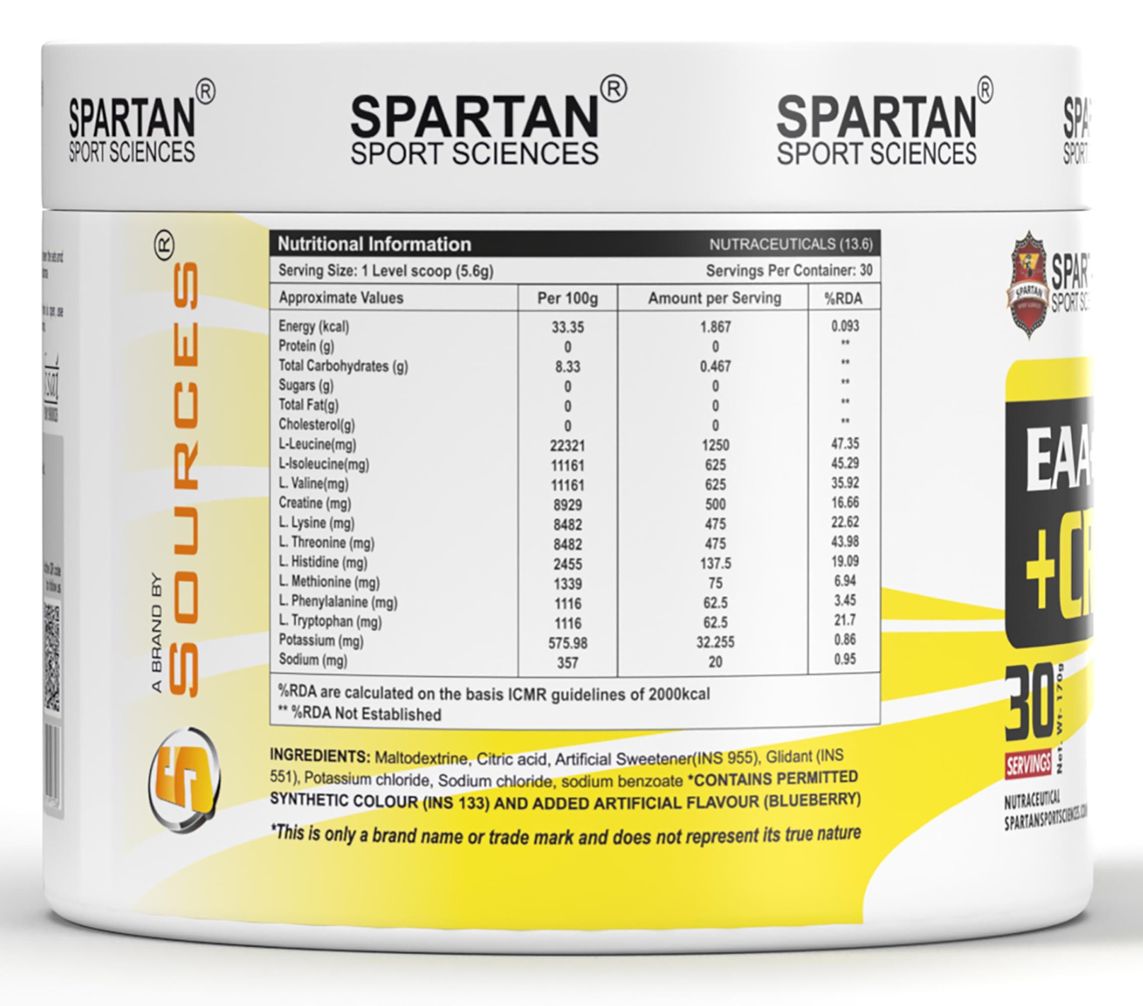 Spartan Sport Sciences Spartan Sport Sciences EAA+BCAA+Creatine Powder | Zero Sugar Added, 30 Servings | Blueberry Flavour - 170g