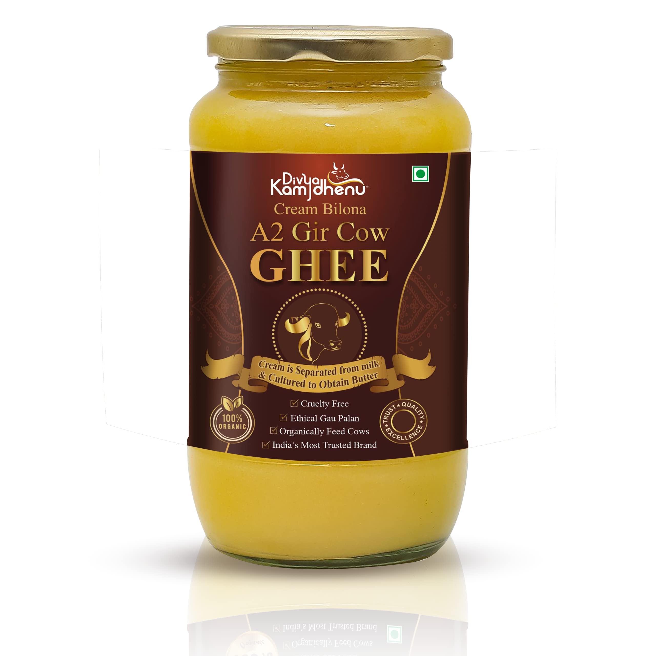 DIVYA KAMDHENU Divya Kamdhenu Cow A2 Ghee Cream Bilona Method (1L) Gir Cow Ghee, Organic, Grassfed, Cultured, Traditional Ghee, Desi Cow Ghee, Glass Bottle, 1 Litre Ghee 100% Pure Non GMO