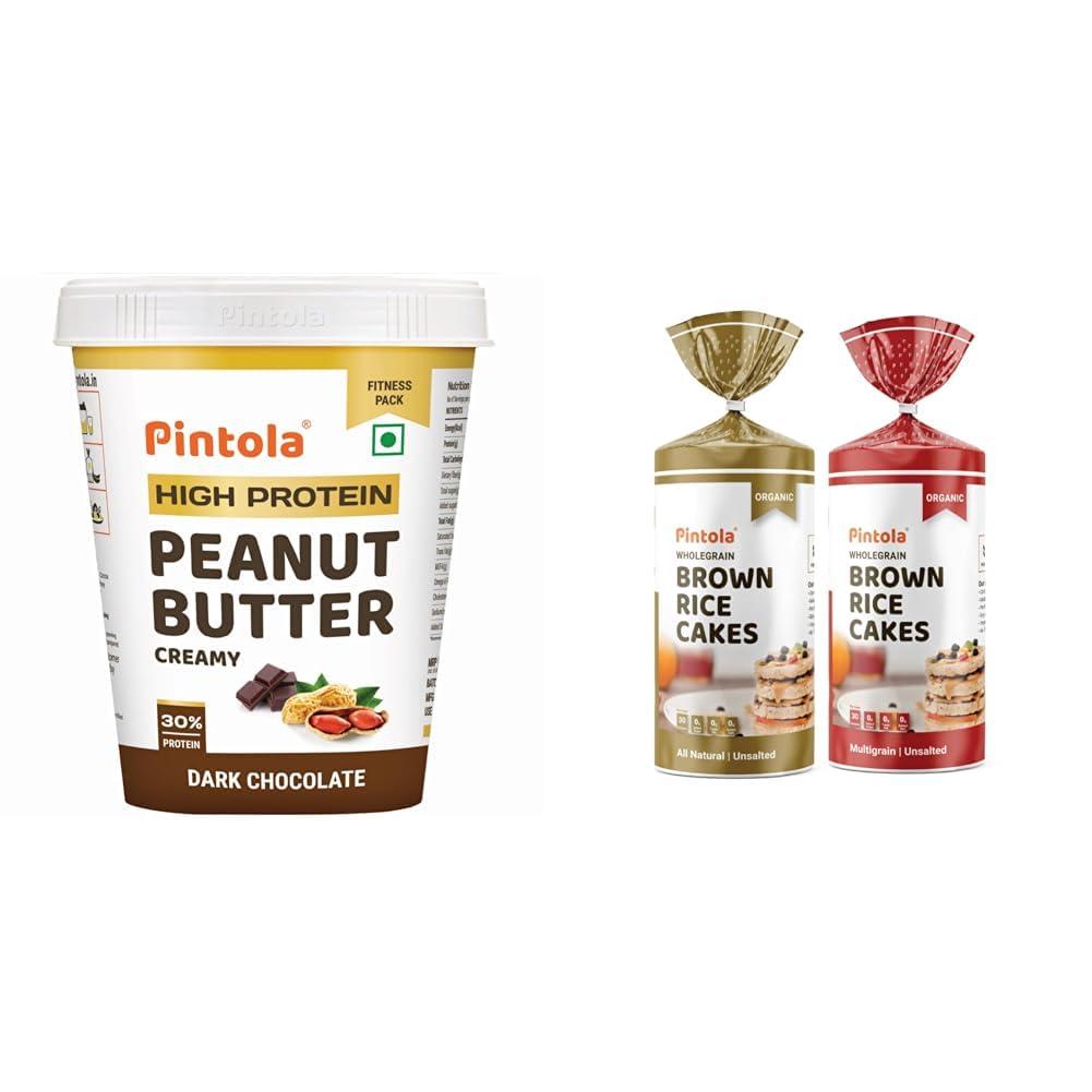 Pintola Pintola Combo-High Protein Dark Chocolate Creamy 1kg +Rice Cakes (Unsalted & Multigrain) (Pack of 2) (130g x 2), 100% Roasted Peanuts butter Chocolate Flavour,High in Protein With Organic Rice Cakes