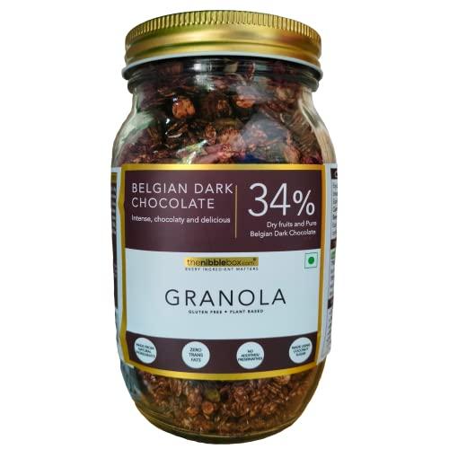 thenibblebox thenibblebox Belgian Dark Chocolate Granola 500g, Jar [34% dry fruits, Gluten free, Plant based/Vegan friendly, No preservatives/additives]