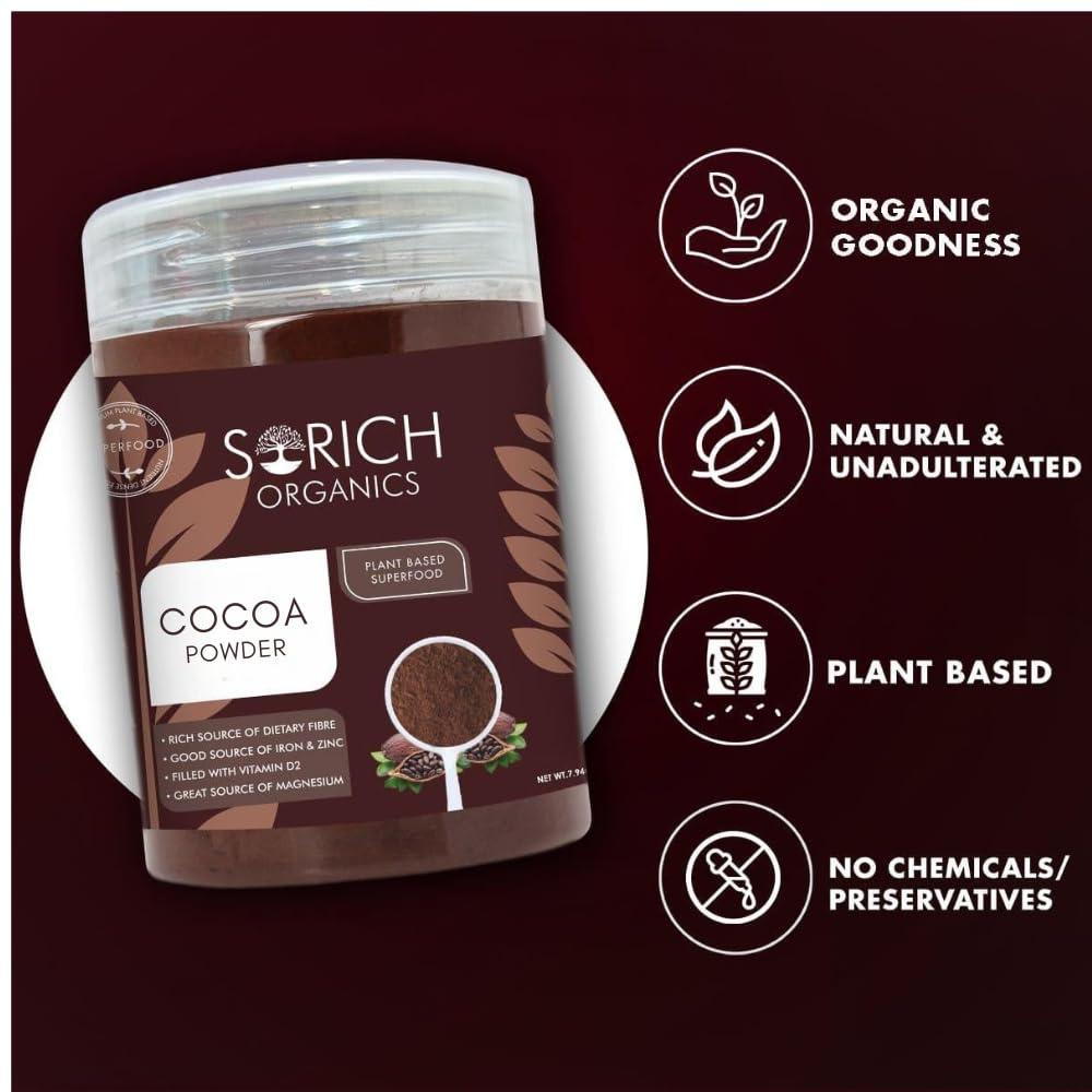 Sorich Organics Sorich Organics Dark Cocoa Drink Powder 225gm | Dark Cocoa Powder for Cake, Chocolates, Cookies, Brownies, Hot/Cold Milk Shakes, Desserts, Bars, Smoothies | Vegan | Gluten Free (Unsweetened)