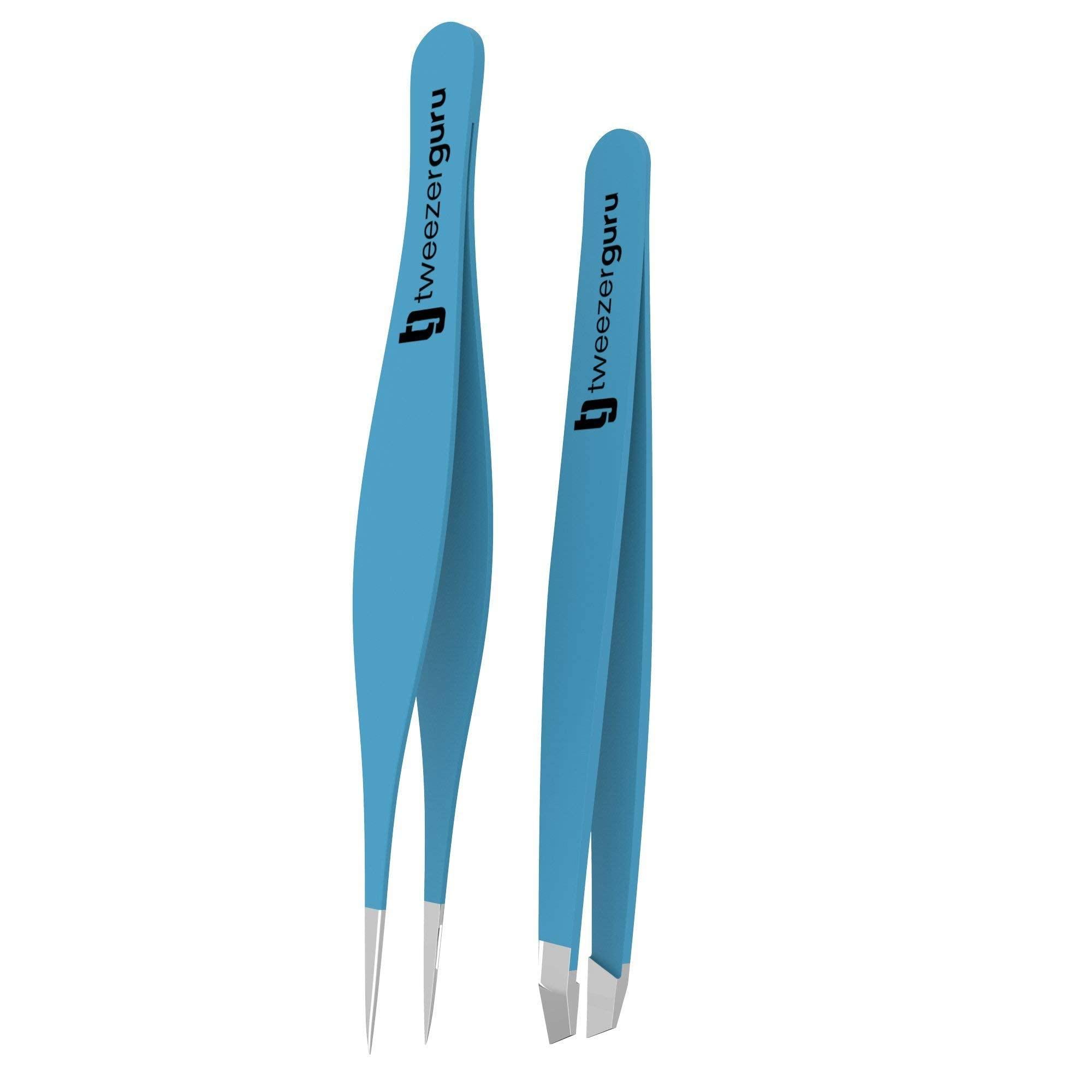 Tweezer Guru Tweezers Set - TweezerGuru Stainless Steel Slant Tip and Pointed Eyebrow Tweezer Set - Great Precision for Facial Hair, Ingrown Hair, Splinter, Blackhead and Tick Remover (Blue)