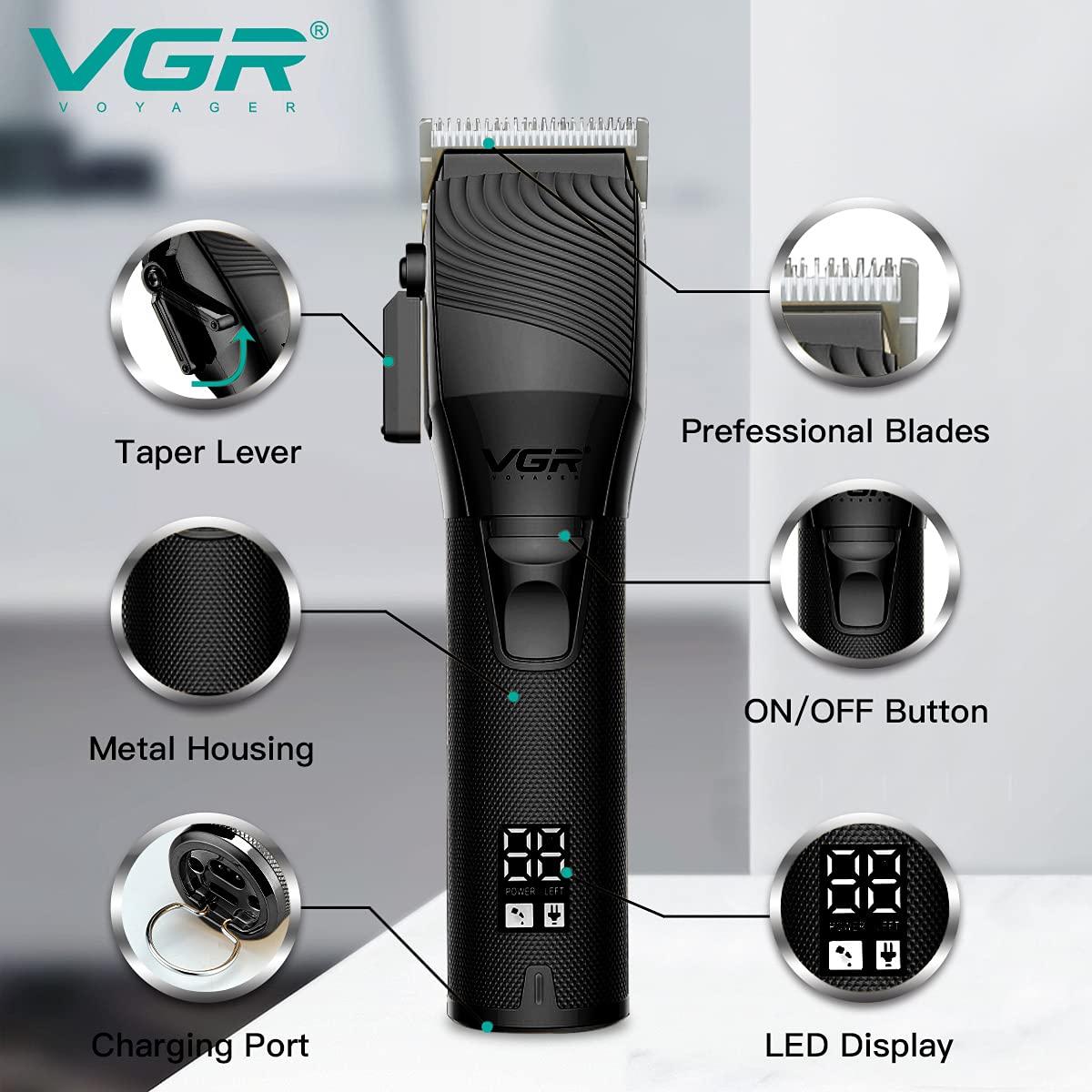 VGR VGR V-280 Digital Display Professional Taper Lever Cordless Hair Clippers Cutter Rechargeable Wireless Hair Grooming Trimmers Set, Rechargeable Li-ion Battery 2500mAh 300 minutes Runtime - Black