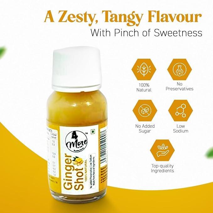 4more 4MORE 100% Natural Cold Pressed Ginger Shot Fortified With Lemon Juice & Honey | 240mL (Pack of 6x40 mL) | No Added Preservatives & Refined Sugar | Natural Ingredients Helps Improve Immunity & Digestion