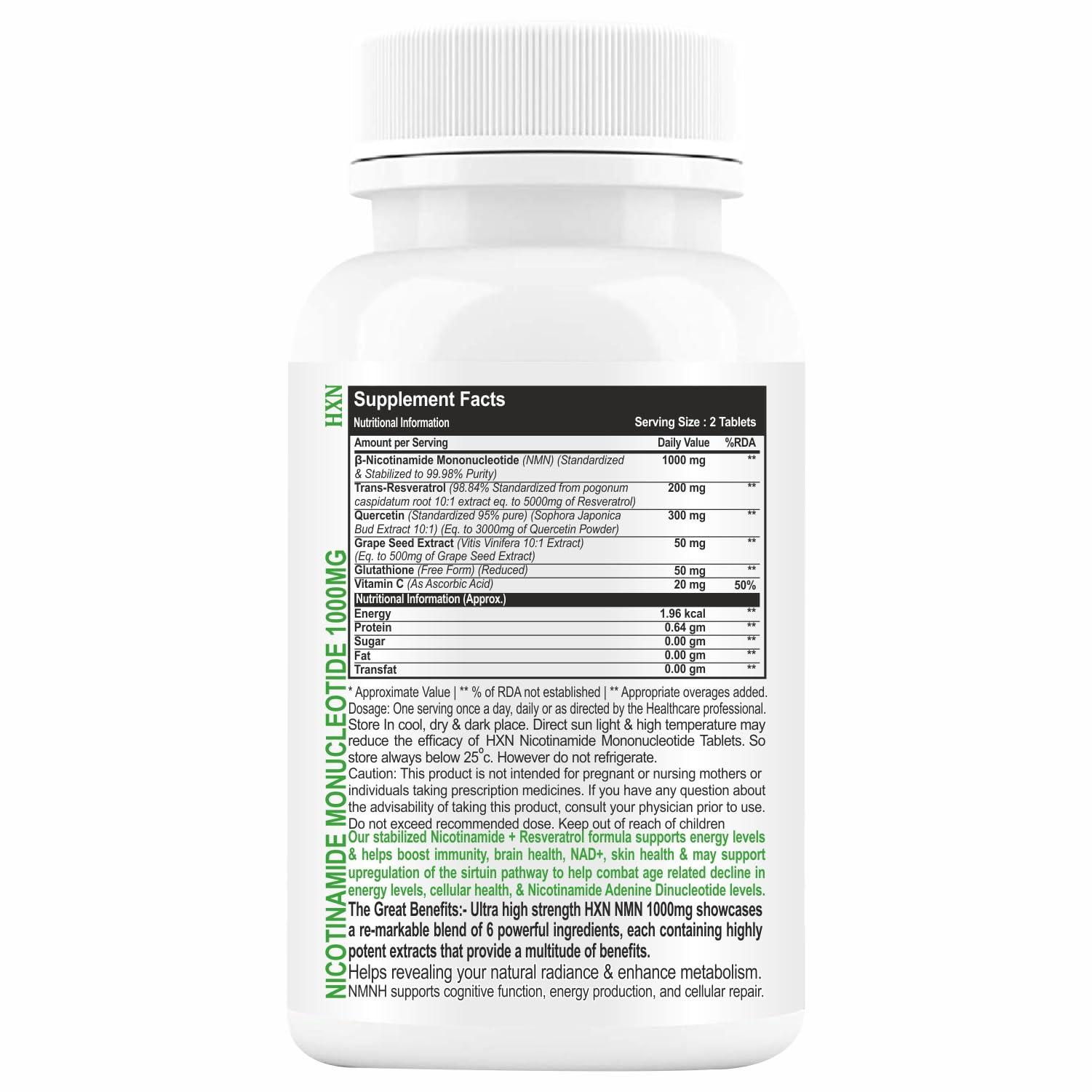 HXN HXN Nicotinamide Mononucleotide NMN Supplements 1000mg With Trans Resveratrol, Ultra High Strength 99.98% Pure NAD Plus Supplement-60 Sugar Free Tablet (Pack 1) (midium, 60)