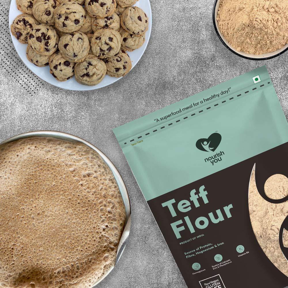 NOURISH YOU Nourish You Teff Flour 500 G | Vegan | Organic | Gluten Free | Improves Gut Health | Rich in Micro-nutrients | No preservatives | Whole Grain Teff Flour | Pack of 1