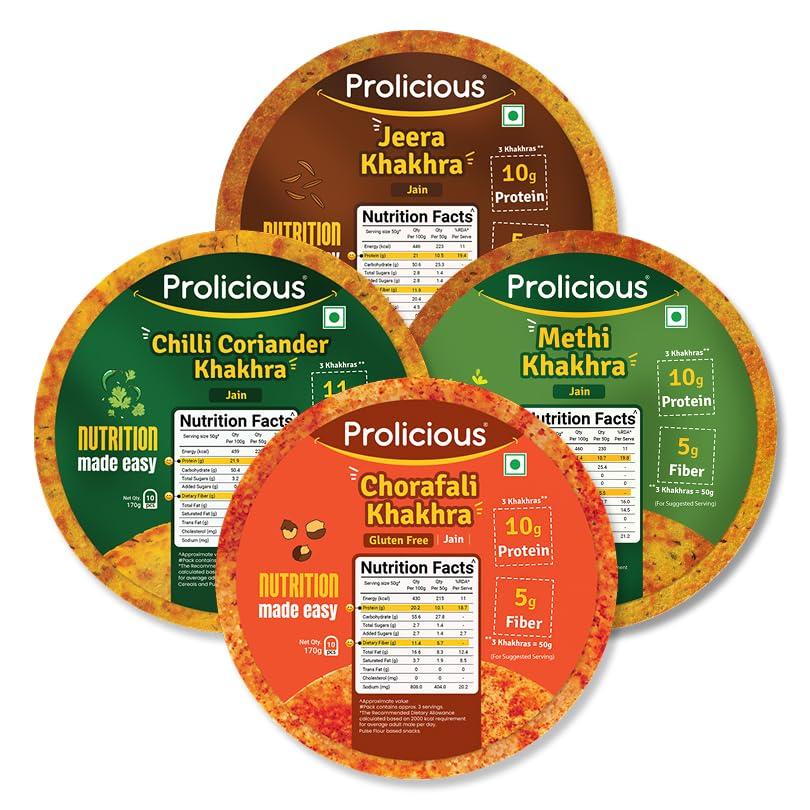 Prolicious Prolicious Jain Khakhra Combo | Plant Based High Protein Healthy Anytime Snack | No Palm Oil (Pack of 4, 170Grams Each)