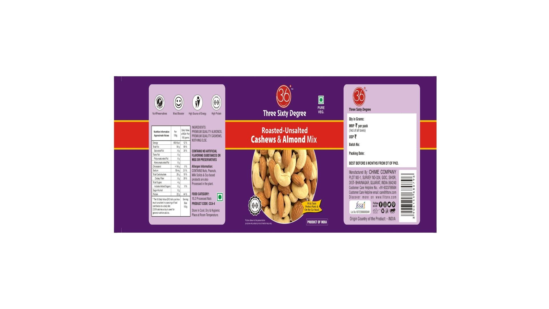 360 Three Sixty Degree 360 Roasted Whole Unsalted Cashew Almond Mix | Jumbo Jar 950 Grams | Crunchy Badam, Crunchy Kaju | High Protein, Nutritious, Super Tasty Snack