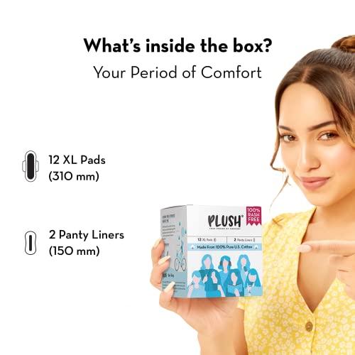 PLUSH Plush Ultra-Thin Sanitary Pads for Women, 12 XL Pcs- Pack of 2 | For Medium Flow | 2 Free Panty Liners | 100% Rash-Free | Pure U.S. Cotton Pads | Affordable Sanitary Pads