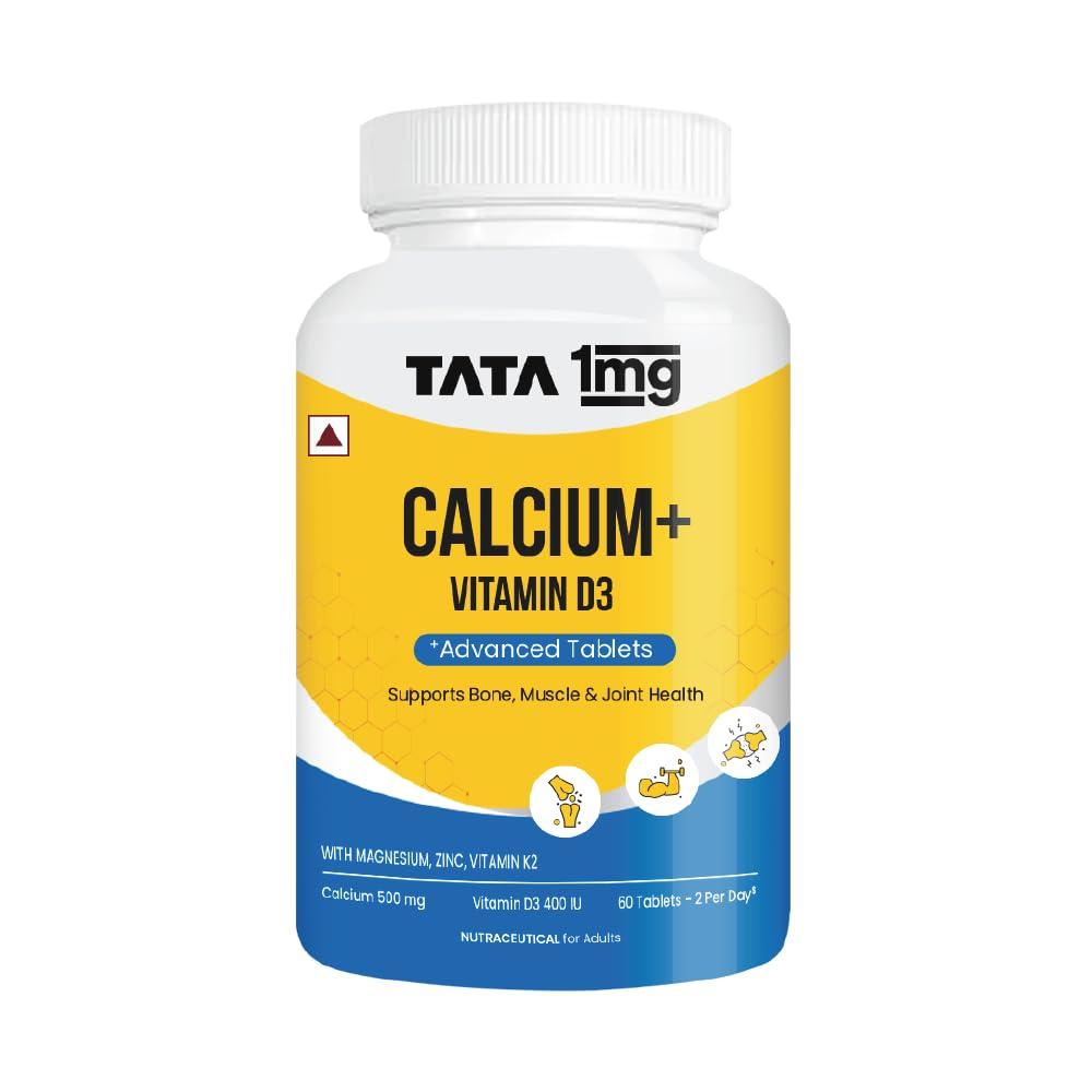 TATA 1MG TATA 1mg Calcium & Vitamin D3 supplement with Zinc, Magnesium & Alfalfa | High absorption Calcium Citrate Maleate form | 500mg Calcium & 400iu Vitamin D3 | For strong bones & joints | 60 tablets