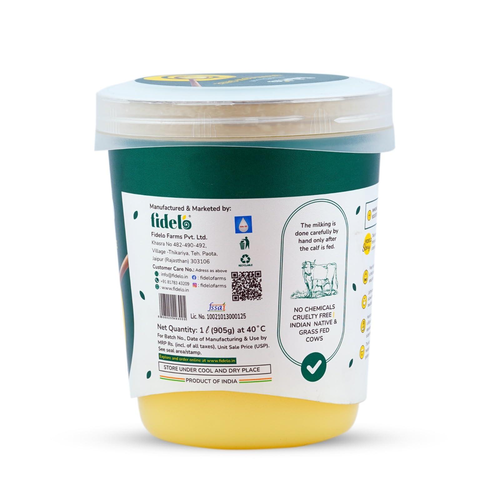 Fidelo Fidelo Bilona cow ghee| 1 litre| 100% pure & natural|chemical free | direct manufacturer | vedic bilona method|curd churned|small batch|sustainable packaging|