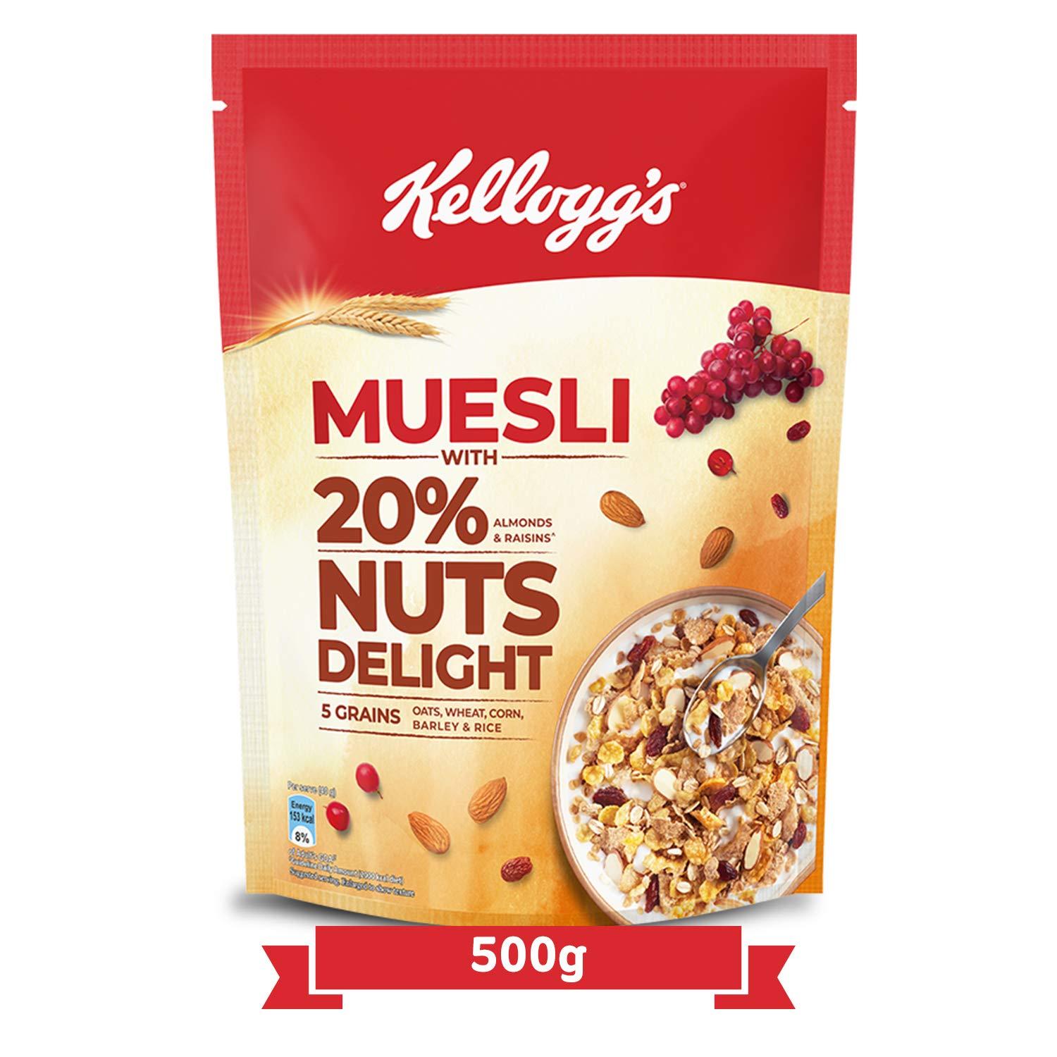 Kellogg's Kellogg\'s Chocos, High in Protein, B Vitamins, Calcium And Iron, 1.2kg Pack + Kellogg\'s Muesli with 20% Nuts Delight Pouch, 500 g
