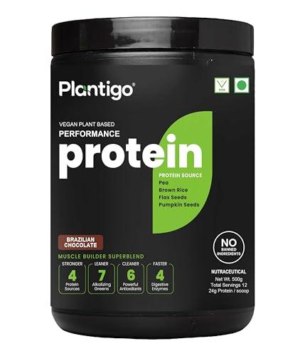 PLANTIGO Plantigo Plant Protein Powder - Men & Women, 500g Brazilian Chocolate | Plant Based Vegan Pea Protein Powder | 24g Protein, 5g Fiber, 3g BCAA, 20+ Vitamins, Minerals| No Added Sugars, No Preservatives