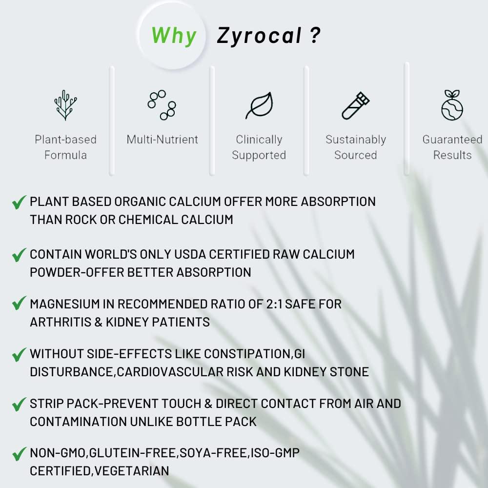 Tab Zyrocal Tab Zyrocal Plant Based Organic Algae Calcium D3 K2 Zinc Magnesium Tab | Supplement For Strong Bones | Safest Calcium | Osteoporosis Supplement, Bone Health Supplement | 30 Veg Tablets