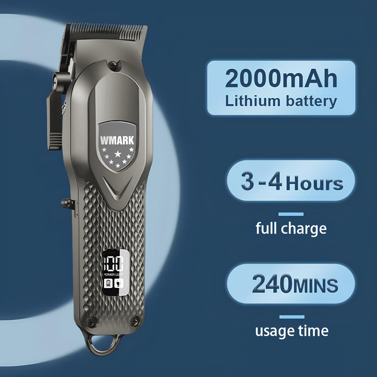 WMARK WMARK NG-119 Professional Zero Gap Hair Trimmer Digital Display Self Sharpening Blade 7000 RPM Magnetic Motor USB Charging 4 Guide Comb Runtime 240 Min 2000 Mah Li-Ion Battery, Silver,Men