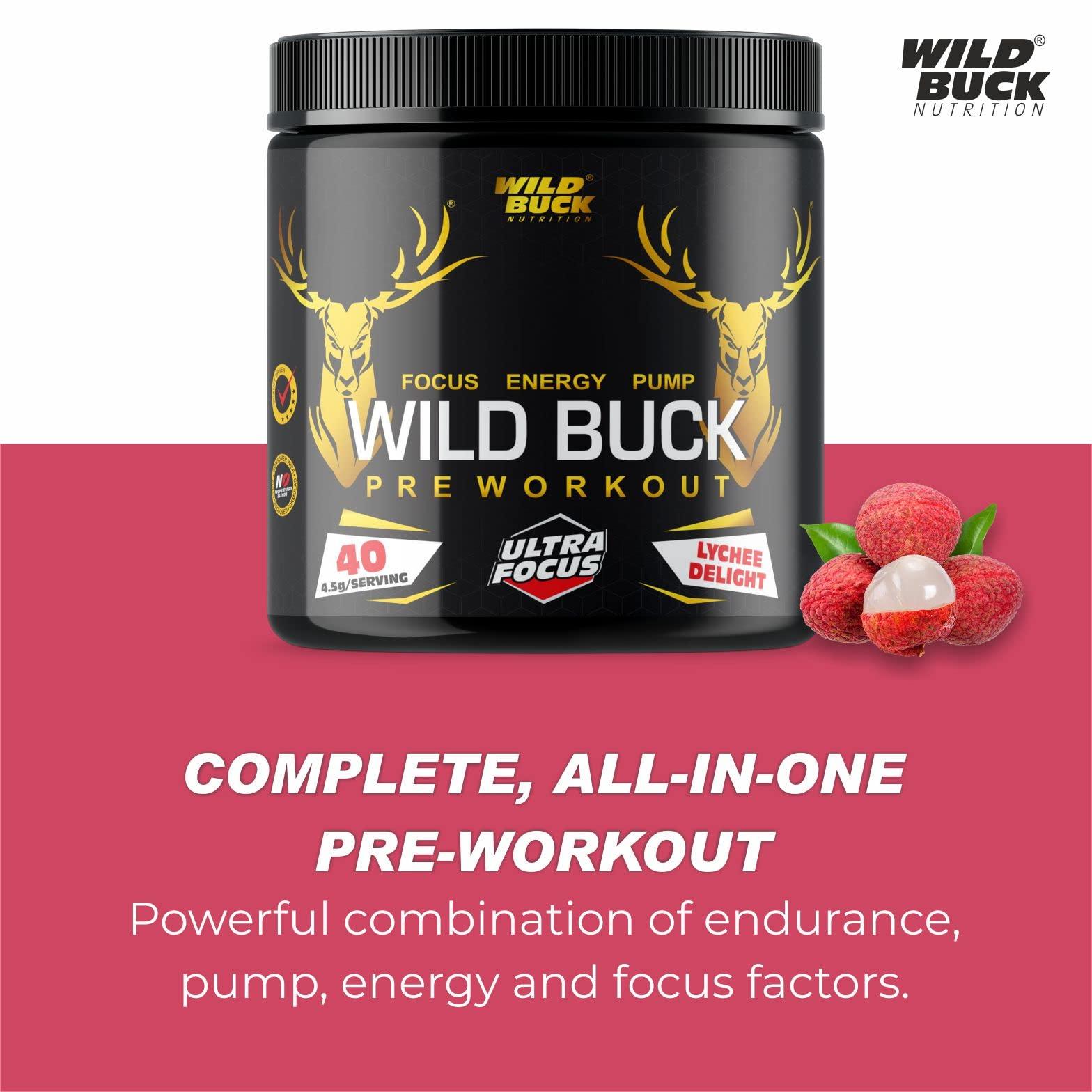 WILD BUCK WILD BUCK Ultra Focus Advanced Pre Workout with L-Arginine, L-Citrulline, Creatine, AAKG, Beta Alanine, Theanine & Natural Caffeine for Explosive Muscle Pump, Lean Muscles Building, Strength, Focus & Energy - For Men & Women [40 Servings, Lychee Deli