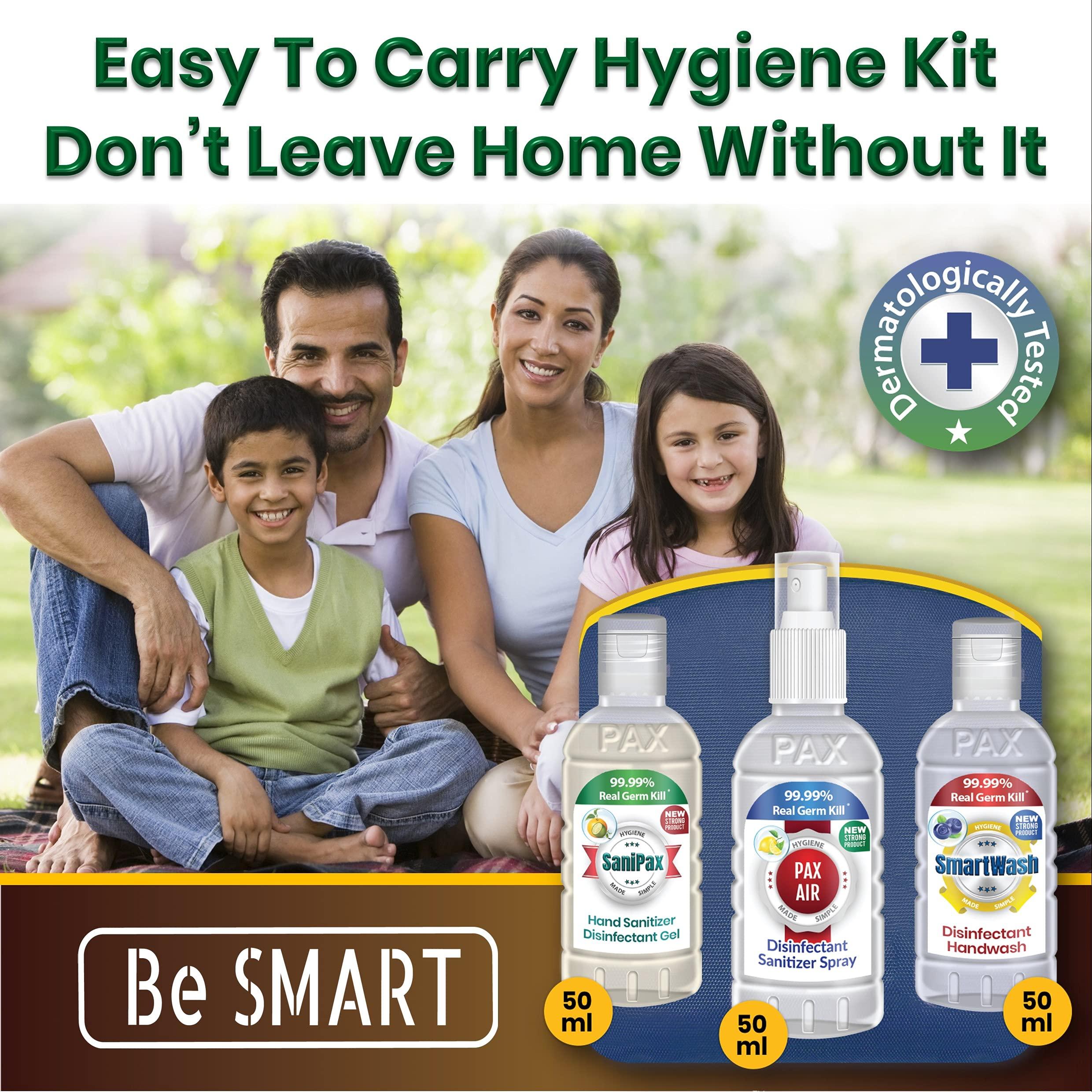 SMARTWASH BeSmart PRO Hygiene Kit : 3 in 1 Disinfectant Combo of SANIPAX Hand Sanitizer (50ml), PAXAIR Disinfectant Spray (50ml), SMARTWASH Handwash (50ml) in a Multi-Use Pouch