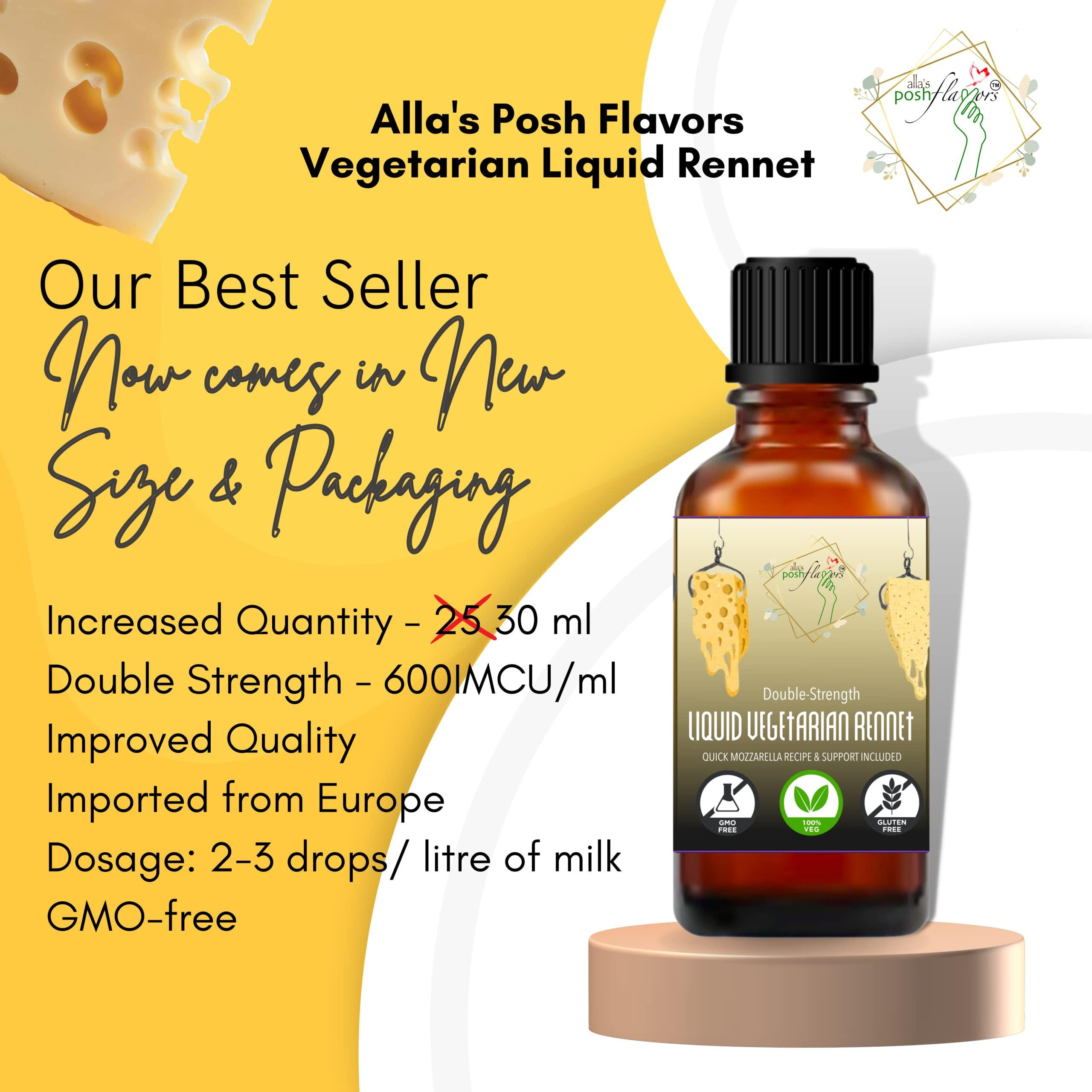 Alla's Posh Flavors Alla\'s Posh Flavors Cheesemaking Liquid Veg Rennet | 100% VEG | Make Mozzarella & Burrata starting from 1 Litre Milk | 3 drops per liter | 5 ml Plastic Dropper Bottle | Lab Tested (30ml)