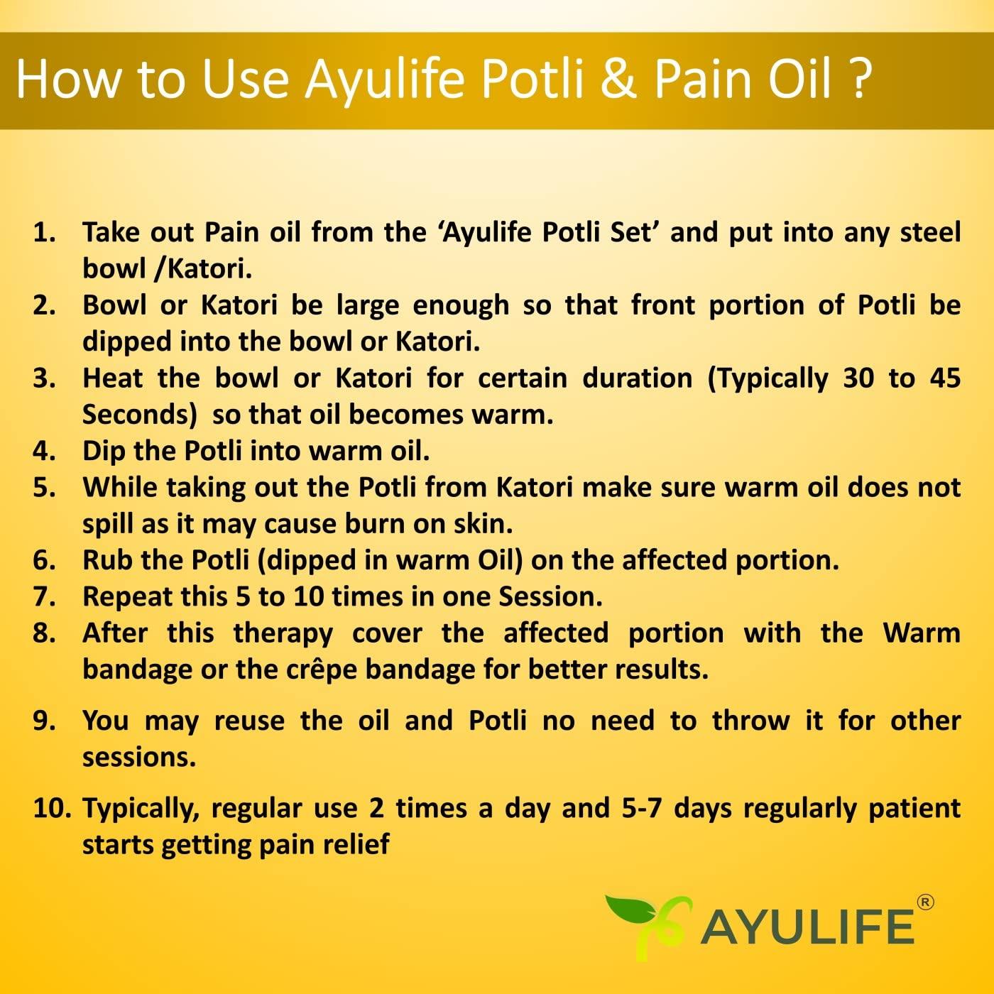 Ayulife Ayulife Ayurveda Potli Massage and Ayurveda Pain Relief Oil Combo Pack, Easy to use, Kit usable for 20 massages Suited for Pain in Lower Back, Neck, Cervical, Sciatica, Lumber (Weight 265 gram)