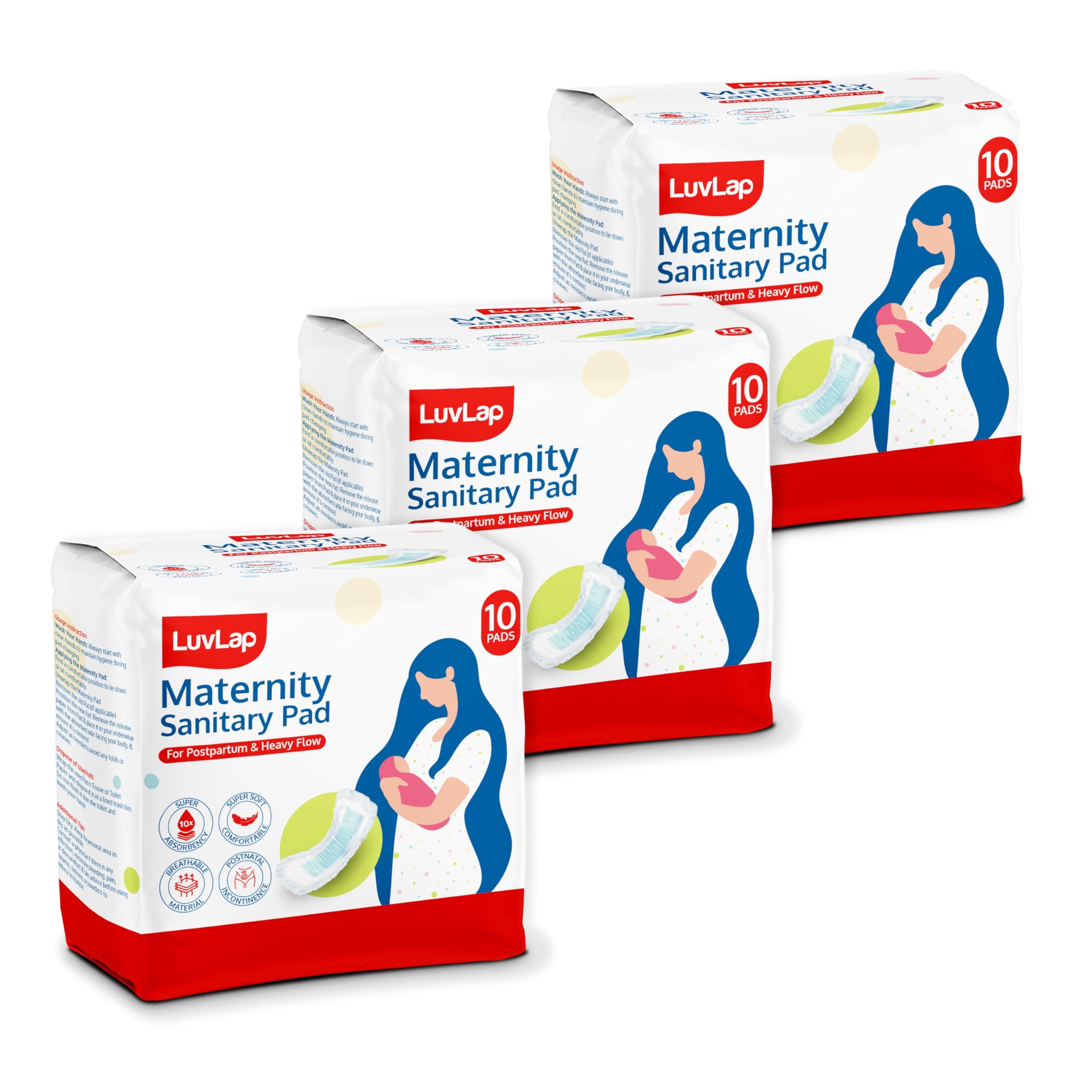 LuvLap LuvLap Extra Absorbent Maternity Pads, 10\'s x 3 Pack (30 Pads), 0-2 Weeks Post-Birth, After Delivery Pad for Heavy Flow, Sanitary Pads for Women, Ultra Soft Pads for Maternity Flow,Postpartum Bleeding