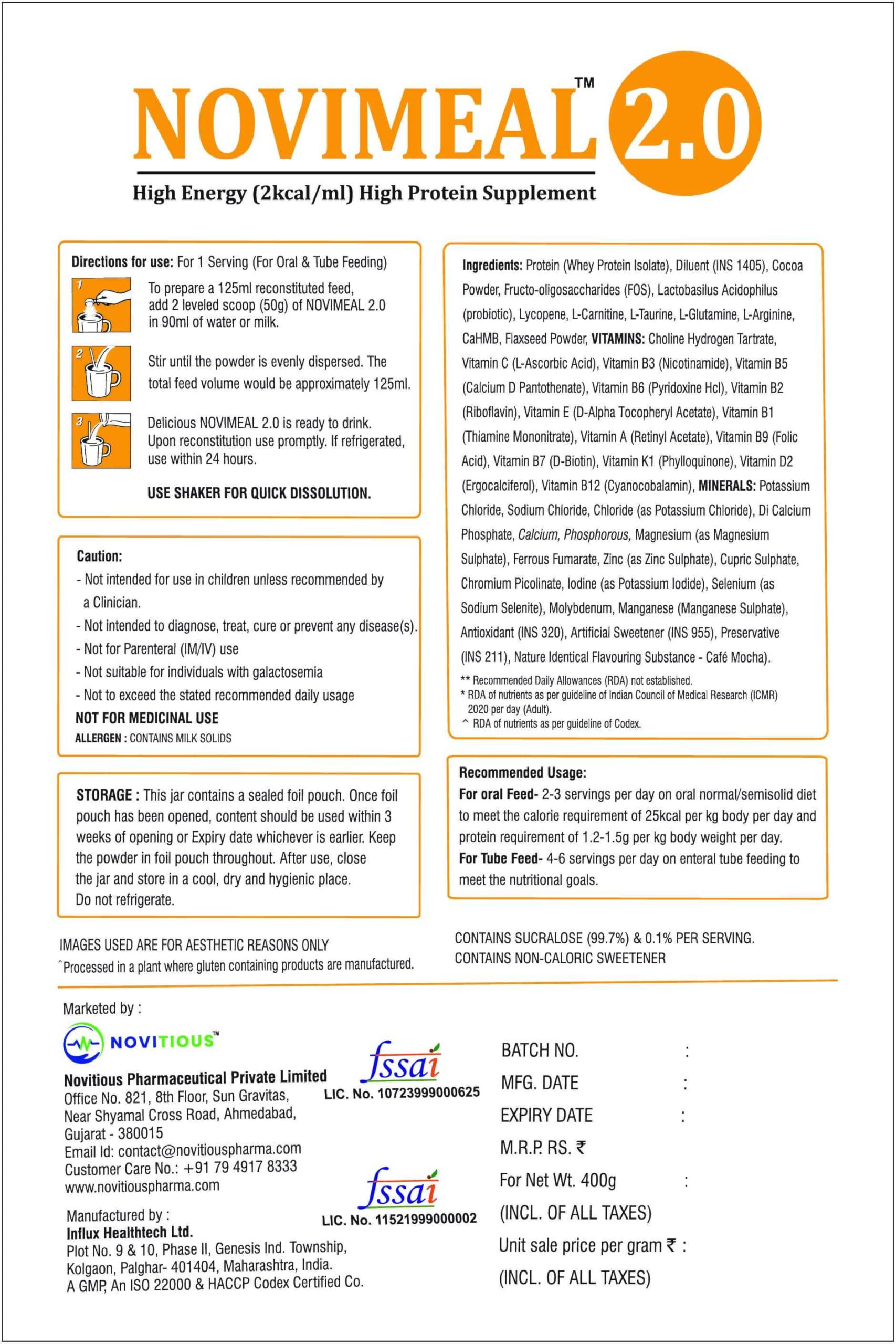 NOVIMEAL 2.0 Novimeal 2.0 High Calorie High Protein Nutritional Supplement, Delicious Mocha (Sugar Free)