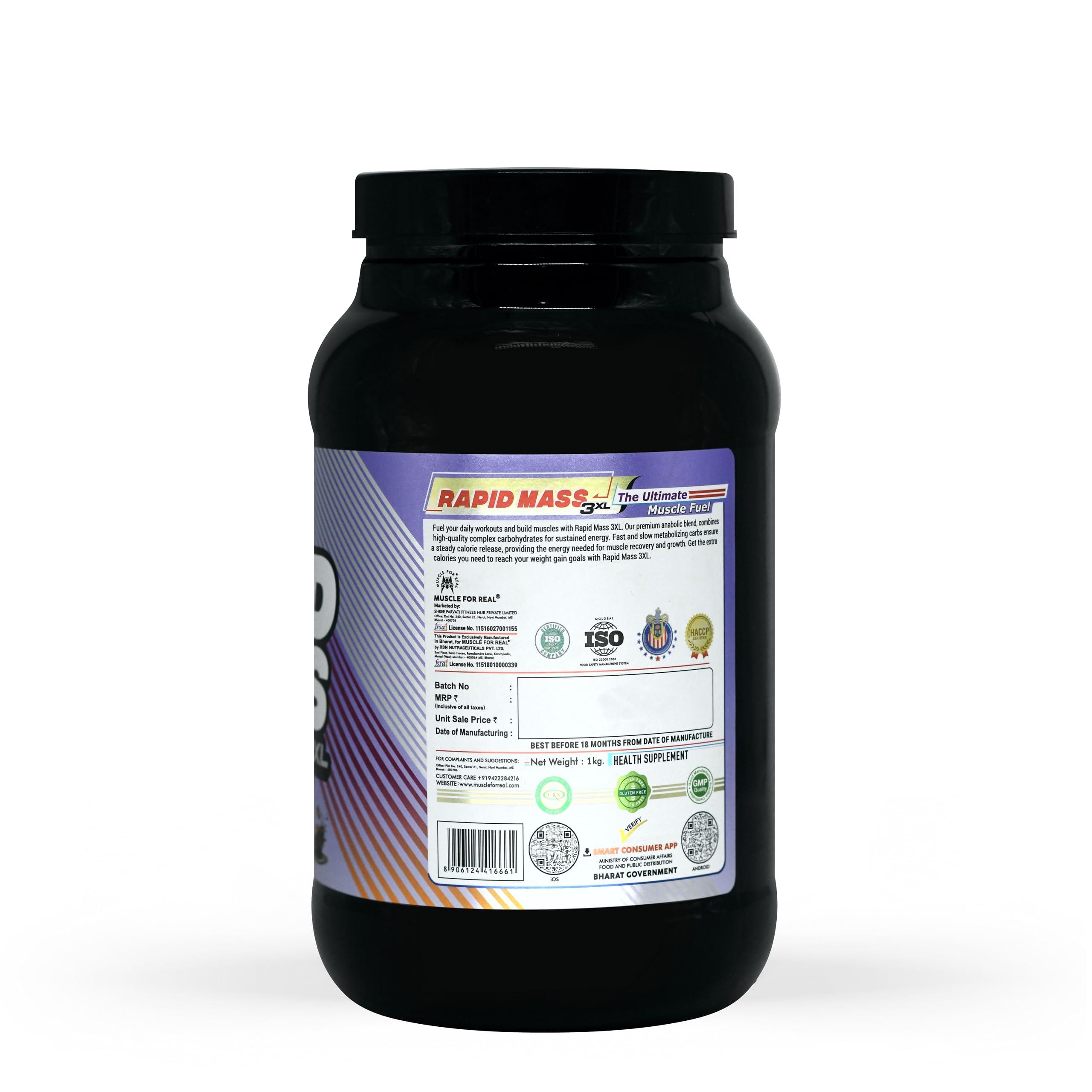 MUSCLE FOR REAL MFR Rapid Mass Gainer 3XL 1KG/ 2.2 LBS Dutch Chocolate (10 servings) Flavor High-Calorie Protein Powder for Muscle Growth & Recovery Weight Gain Formula