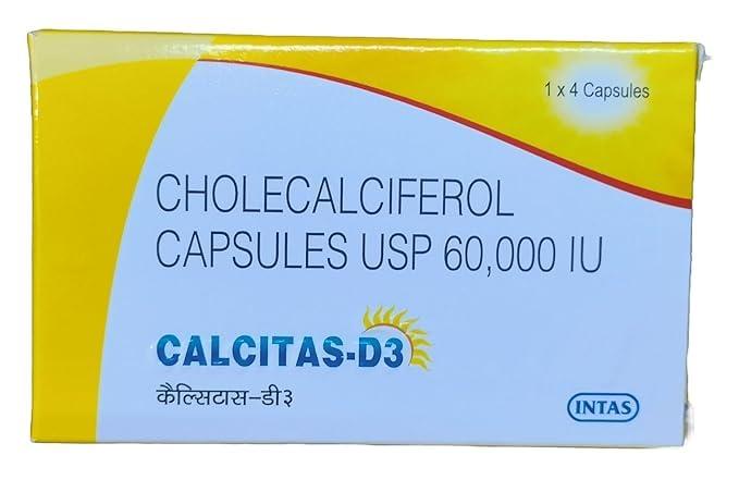 Generic Calcitas D3 Intas D3 (Vitamin D3 - Cholecalciferol) 60000 IU - 5 Pack X (4 Capsules) = 20 Capsule Once A Week